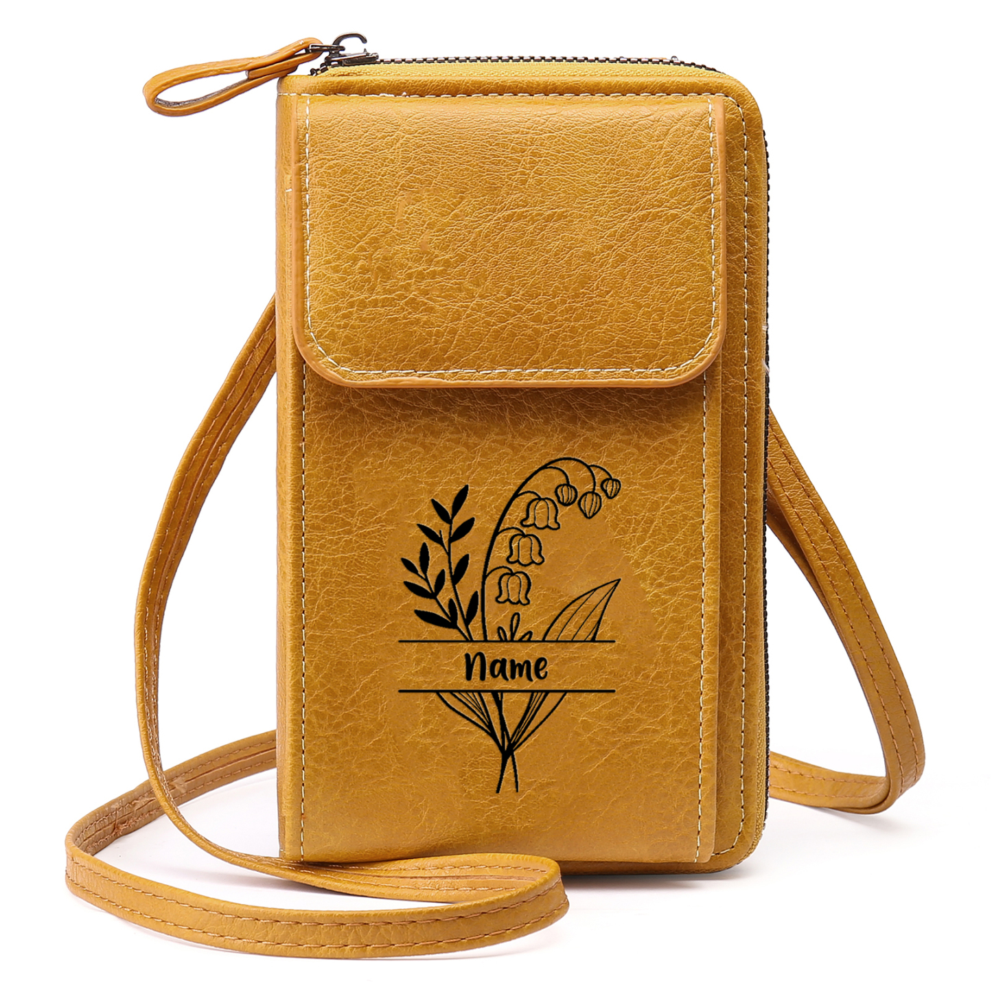 Portefeuille/Sac Bandoulière Femmes 1 Prénom et Fleur de Naissance Personnalisés