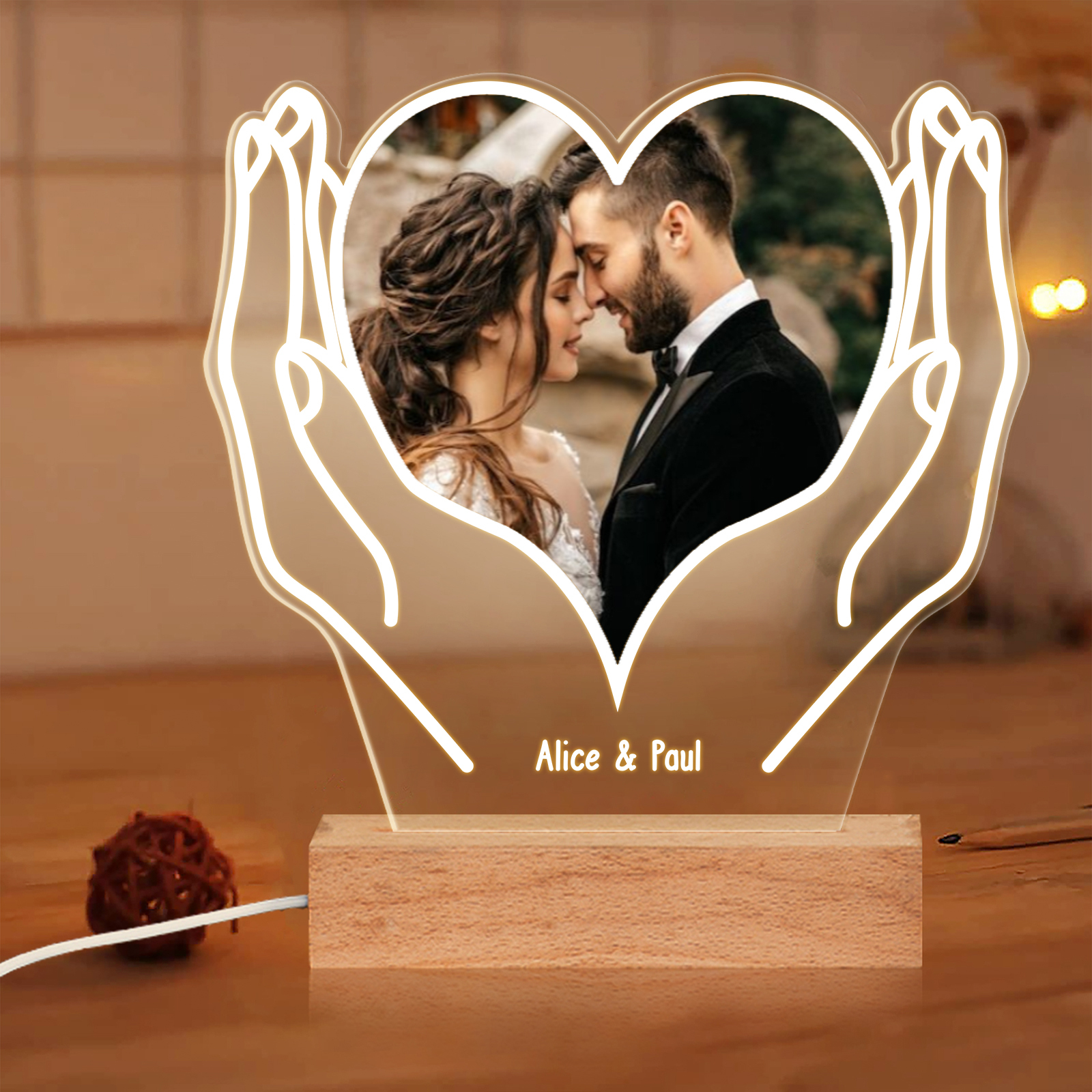 Lampe de chevet Couple LED Lumières 2 Prénoms et 1 Photo Personnalisés