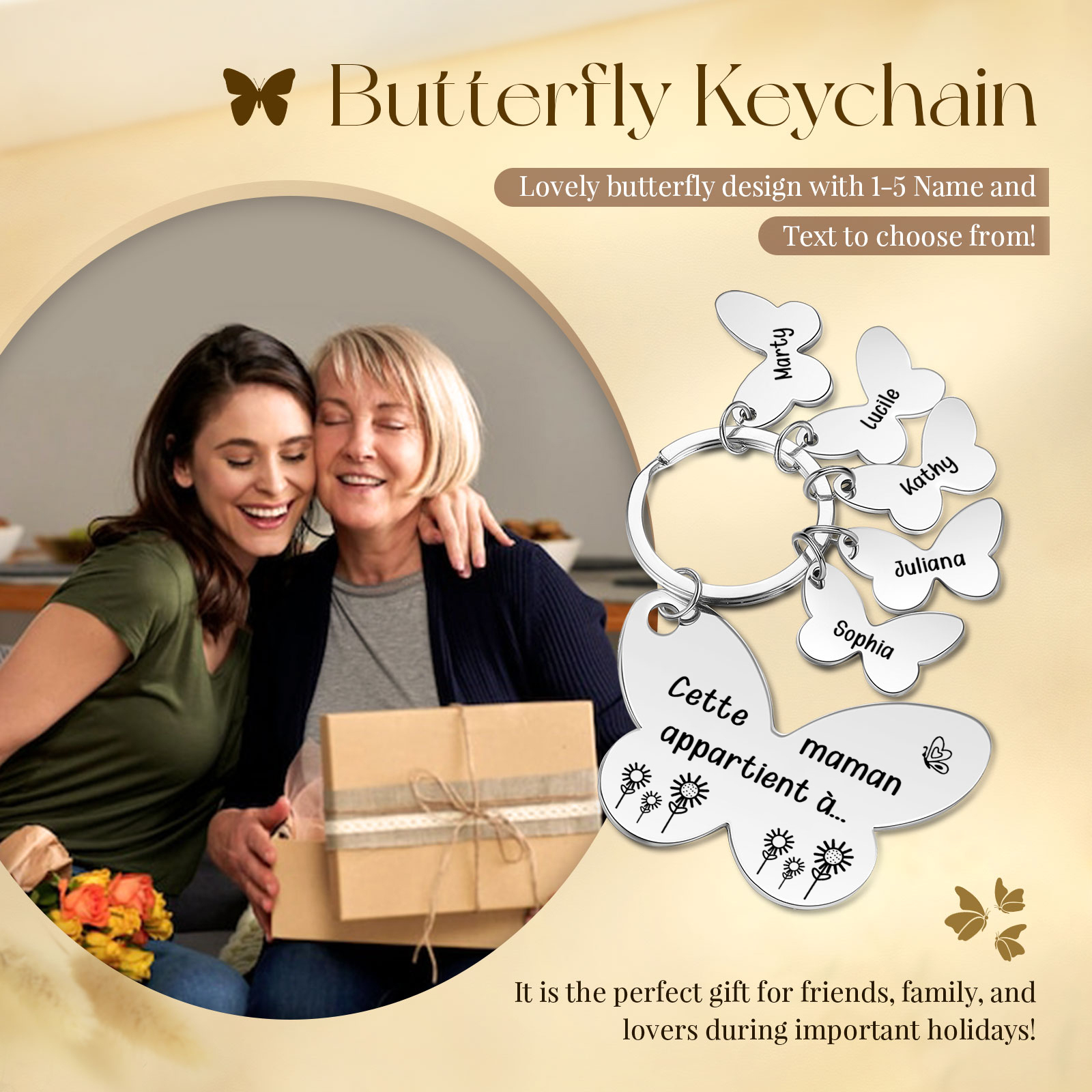 À Maman/Mamie - Porte-Clés Papillon 5 Prénoms Personnalisés avec Texte 