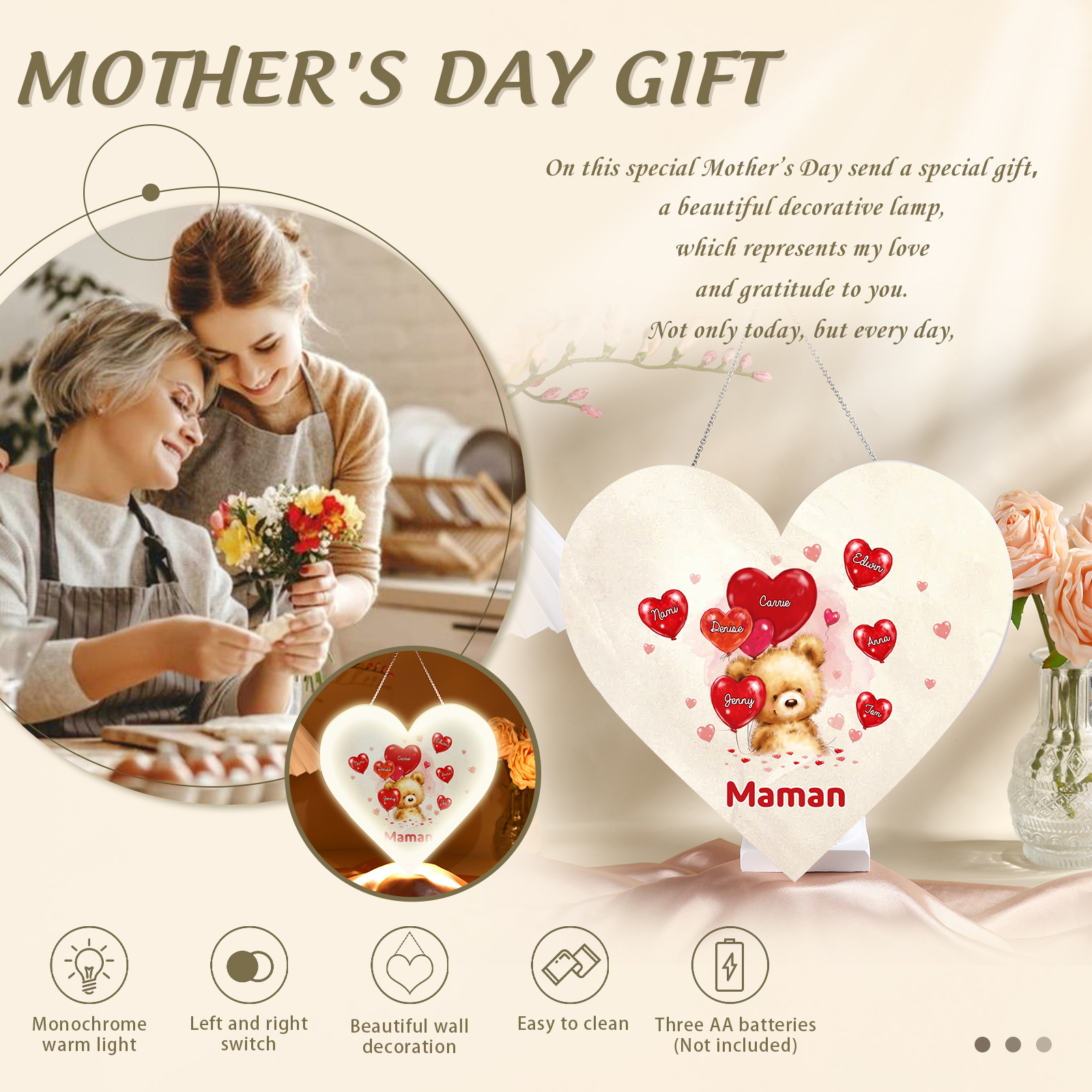 À Maman/Mamie - Veilleuse Cœur Décoration Ours 7 Prénoms Personnalisés avec 1 Texte
