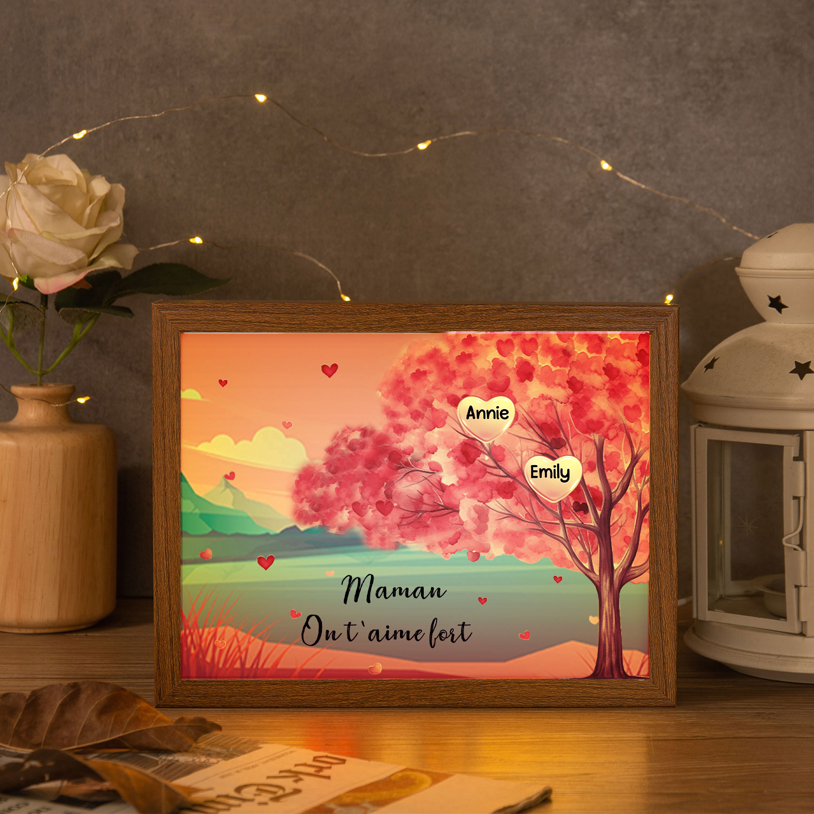 Cadre Photo LED Arbre 2 Prénoms Personnalisés avec 1 Texte Décoration Famille