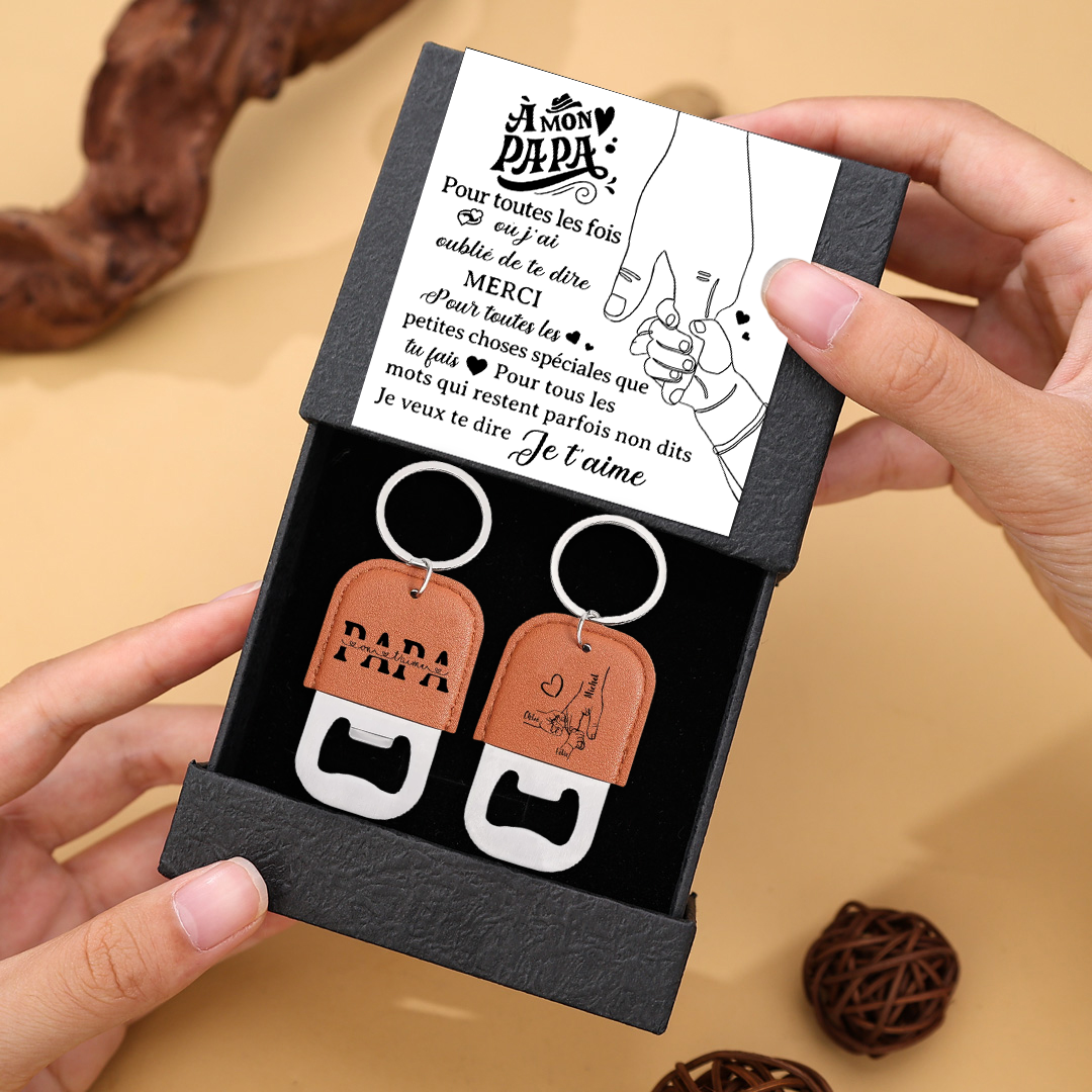 Porte-clés personnalisé pour papa avec décapsuleur, 2 à 6 prénoms et motif main dans la main – cadeau personnalisé pour la fête des Pères ou cadeau d’anniversaire pour papa, mari, grand-père