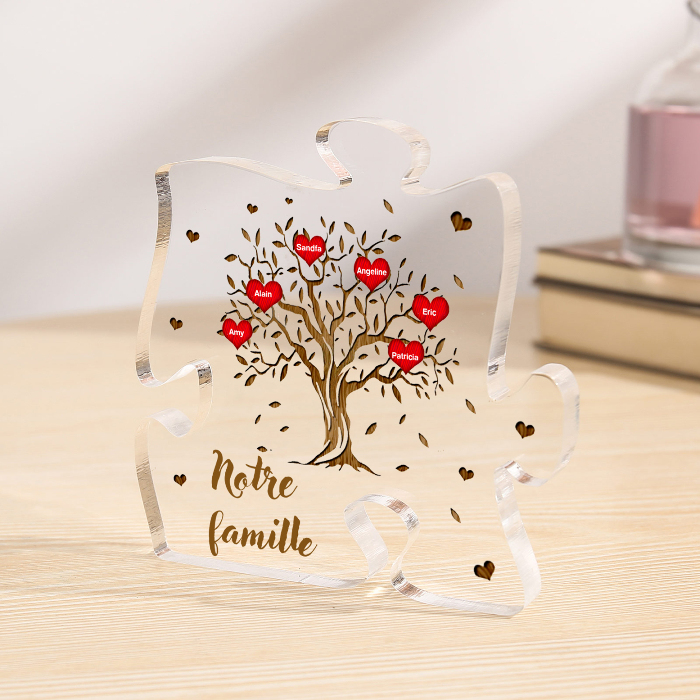 Plaque Acrylique en forme de Puzzle Arbre de Vie 6 Prénoms et Texte Personnalisés