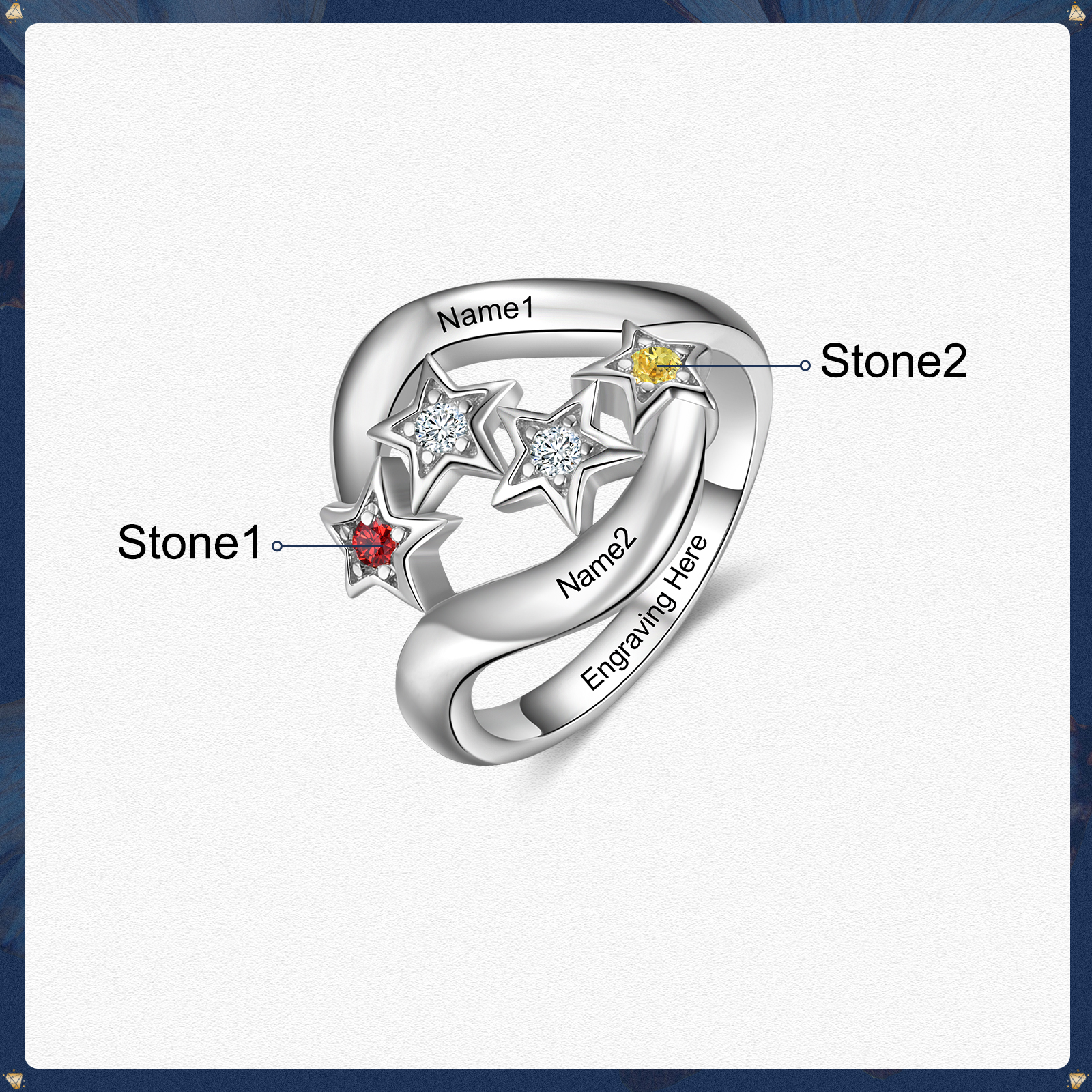 Bague étoilé 2 Prénom Personnalisé avec 2 Pierre de Naissance et texte en Argent 925