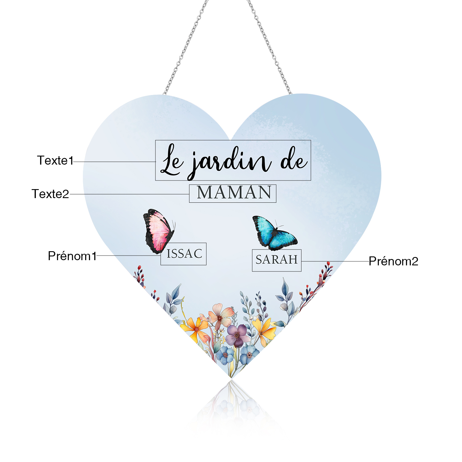 À Maman/Mamie - Veilleuse Cœur Décoration Fleur et Papillon 2 Prénoms Personnalisés avec 1 Texte