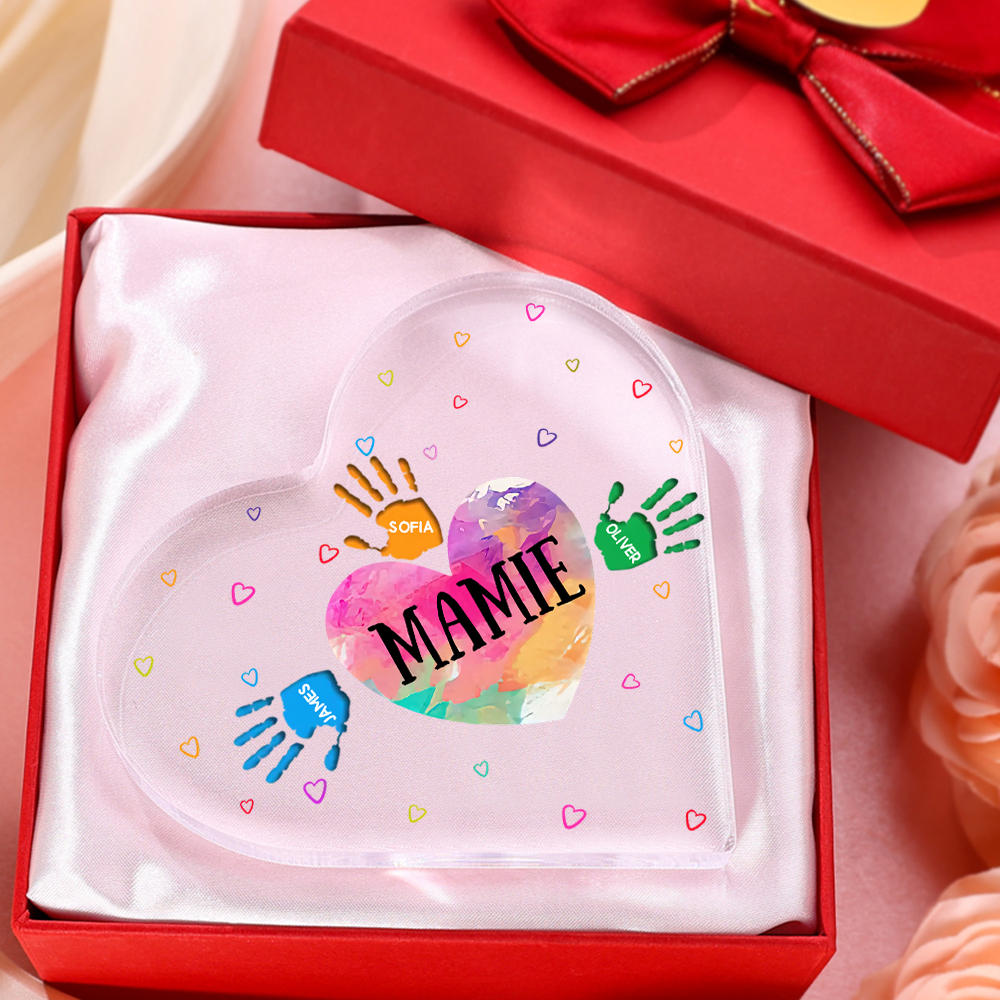 À ma Maman/Mamie - Plaque Acrylique Mains et Enfants en Forme de Cœur 4 Prénoms Personnalisés