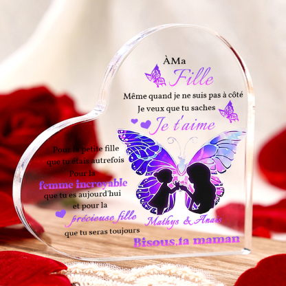 À ma Fille - Plaque Acrylique Papillon en Forme de Cœur 2 Prénoms Personnalisés Maman et Fille