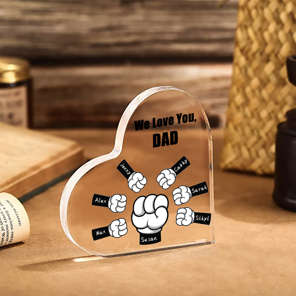 À mon Papa/Maman - Plaque Acrylique en Forme de Cœur Poings 7 Prénoms Personnalisés avec 1 Texte