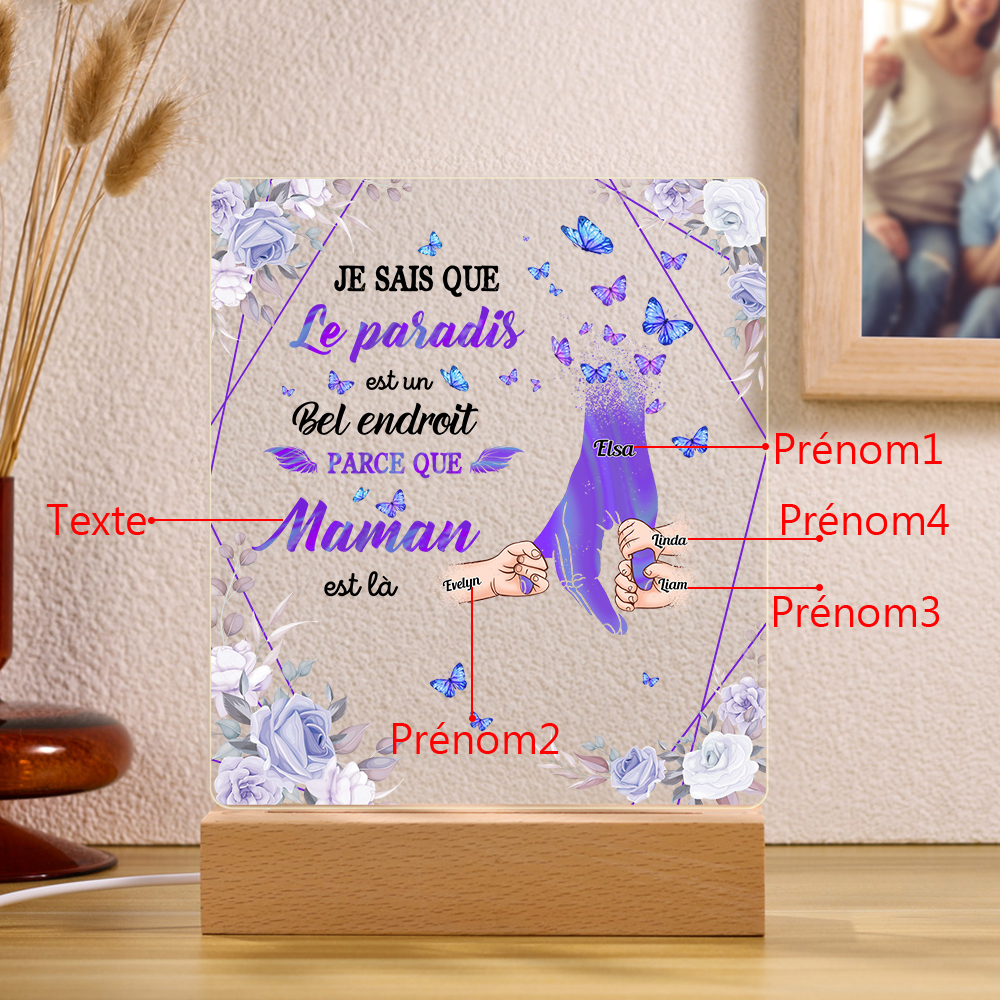 À Maman/Papa - Lampe de chevet LED Commémorative 4 Prénoms Personnalisés avec 1 Texte Lampe de chevet la main dans la main