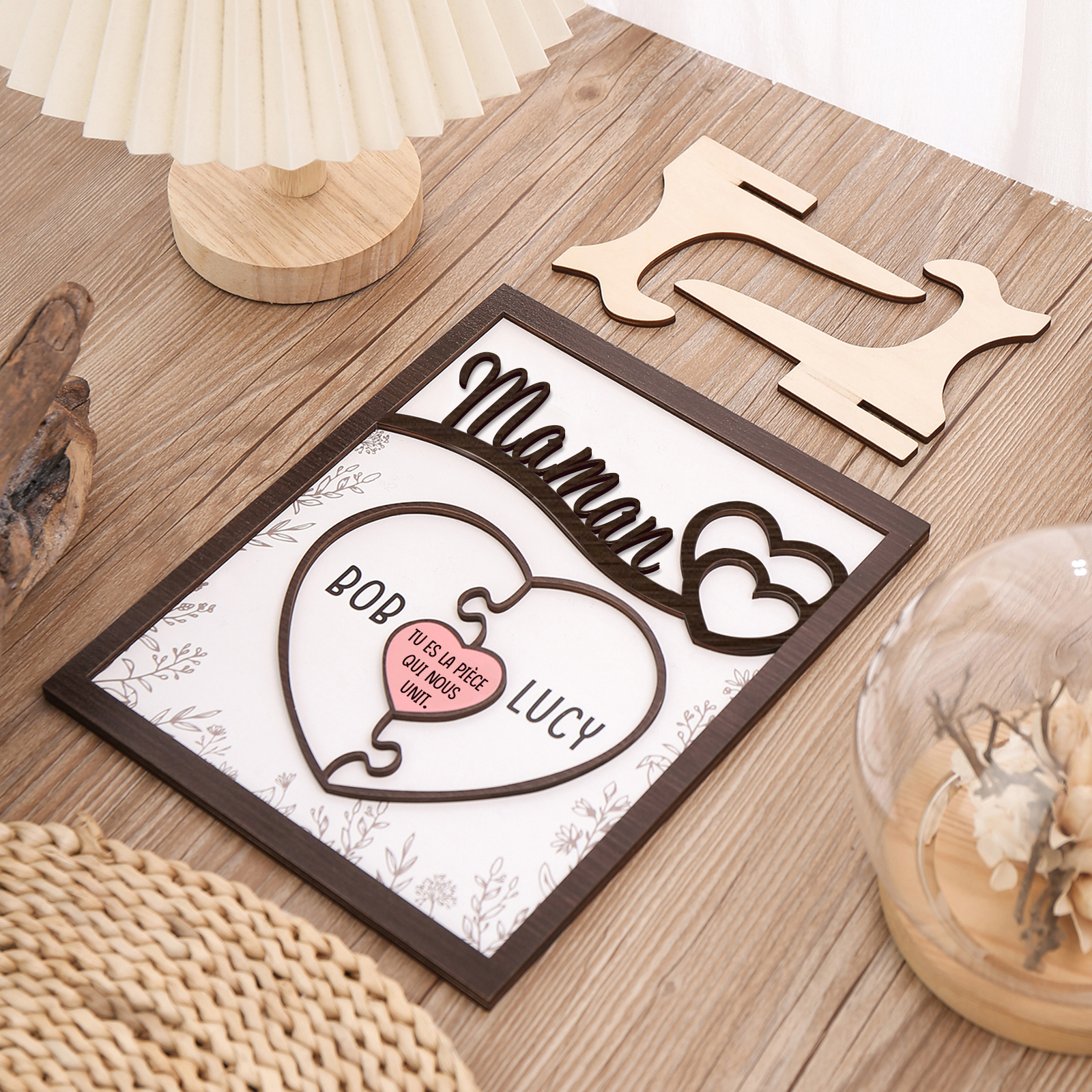 À ma Maman - Décoration en bois Cœur et Puzzle 2 Prénoms Personnalisés Ornement pour Famille