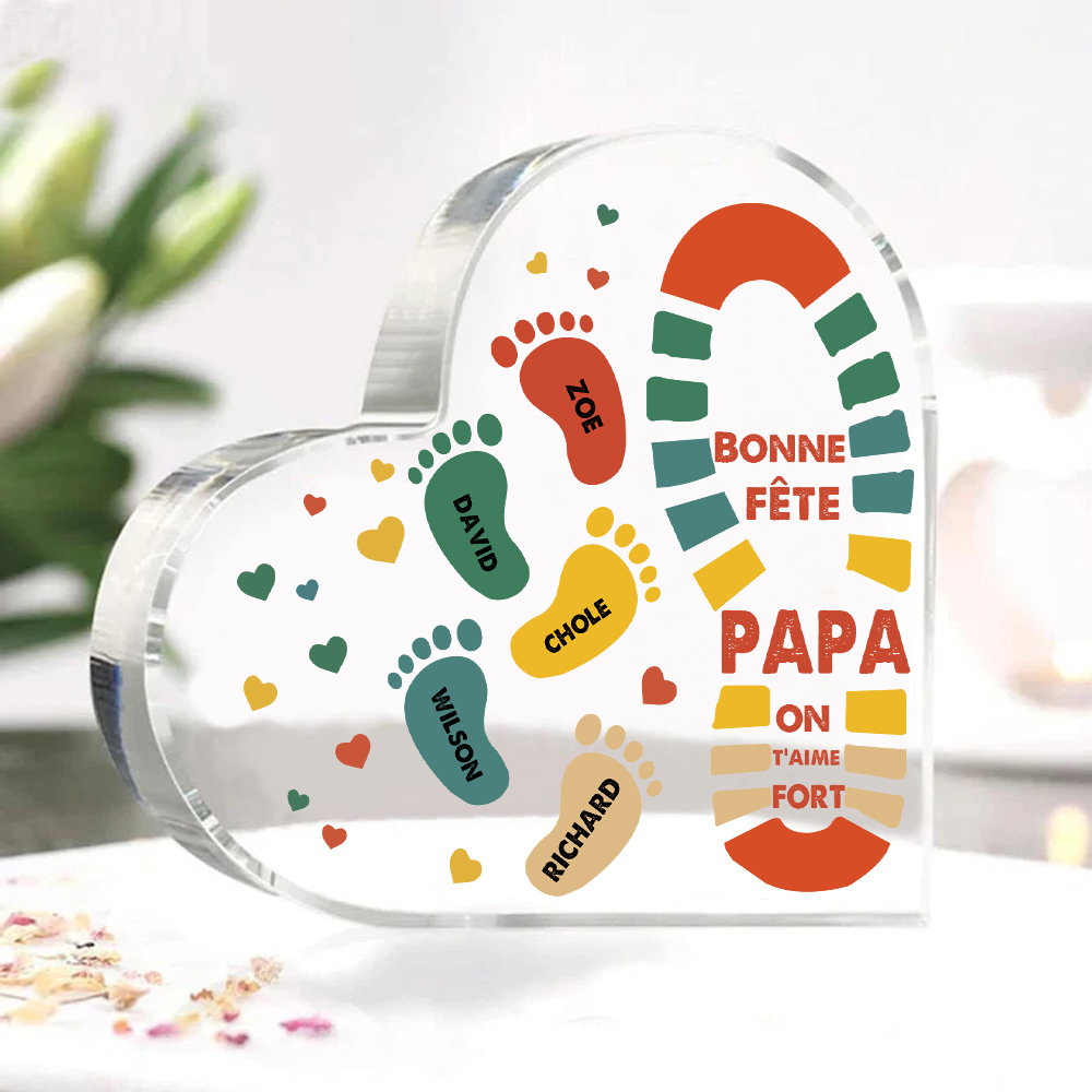 À mon Papa - Plaque Acrylique en Forme de Cœur Empreintes 5 Prénoms Personnalisés