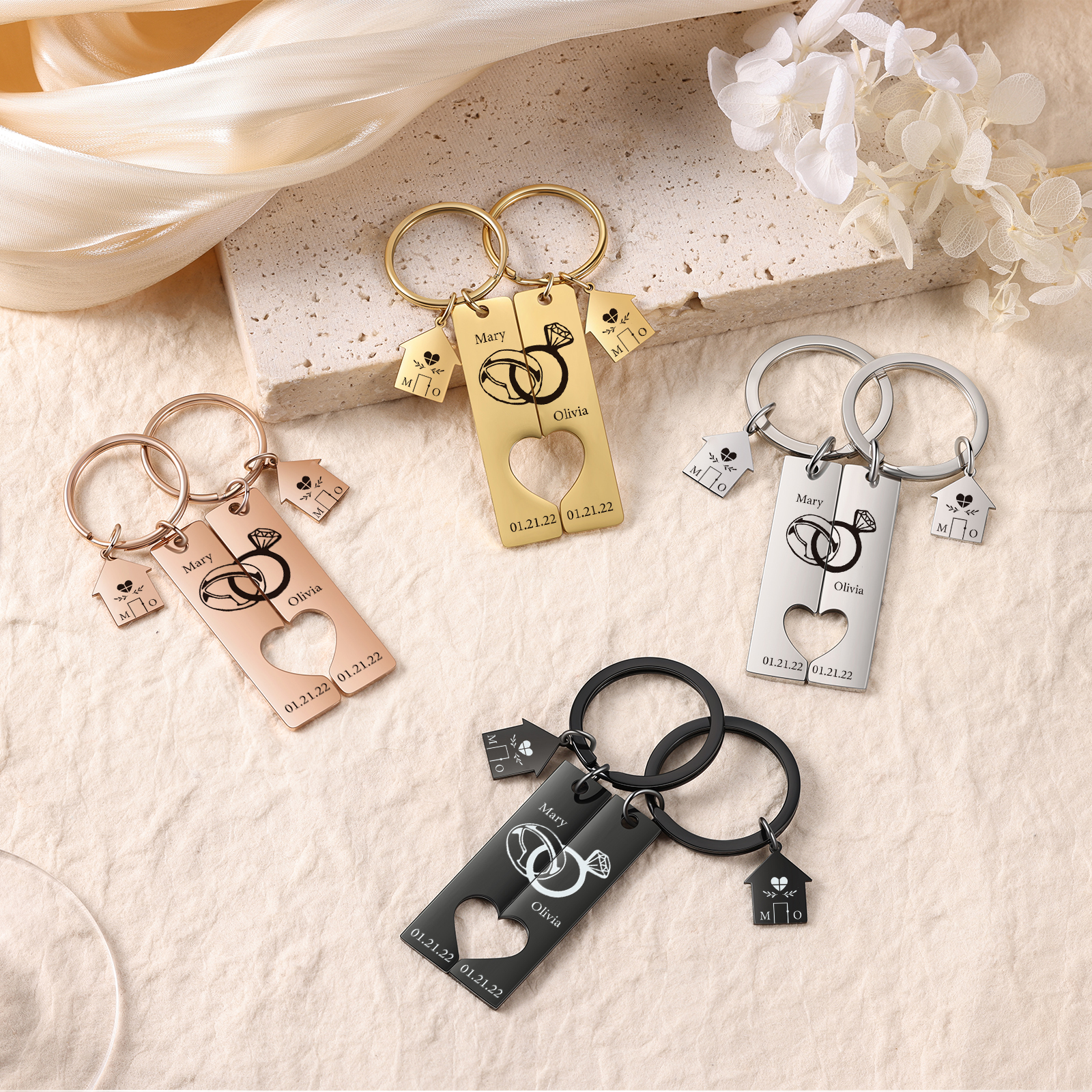 Porte-Clés 2 Prénoms et 2 Dates Personnalisés avec 2 Lettres pour Couple