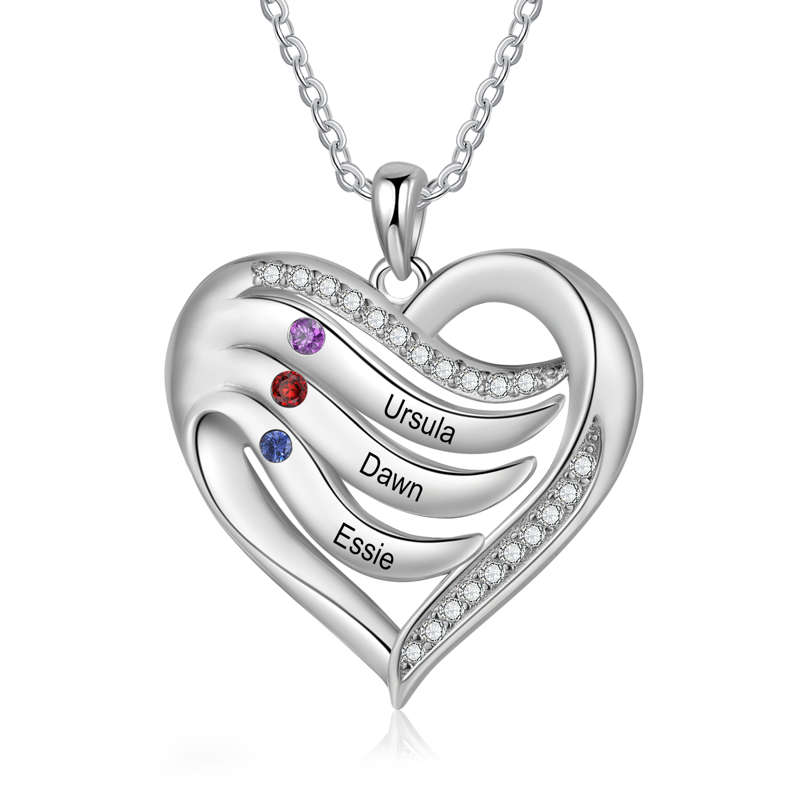 Collier Pendentif Cœur 3 Prénoms Personnalisés avec Pierre de naissance pour Femmes