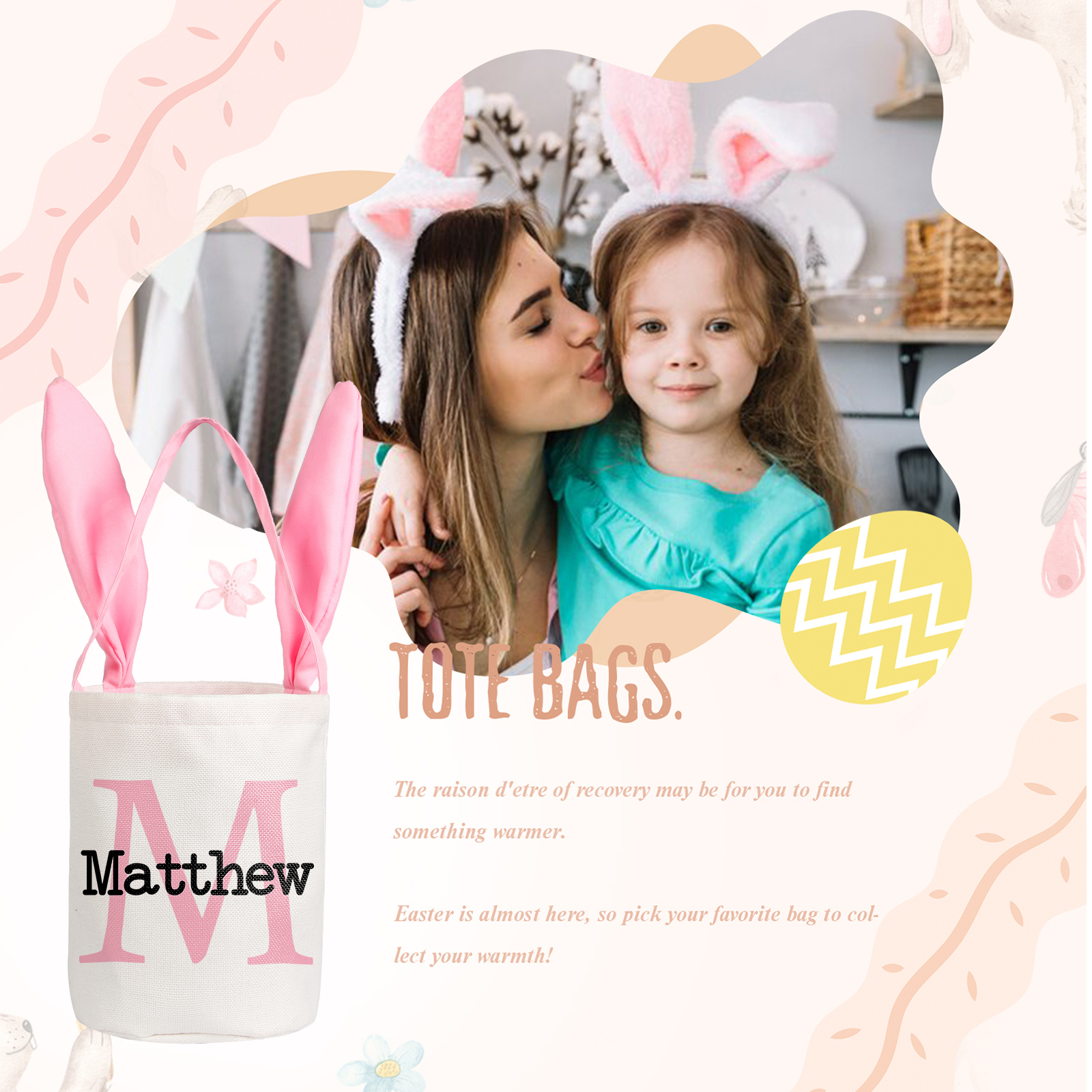 Sac de Pâques Lapin 1 Prénom et Lettre Personnalisés Tote Bag Enfant