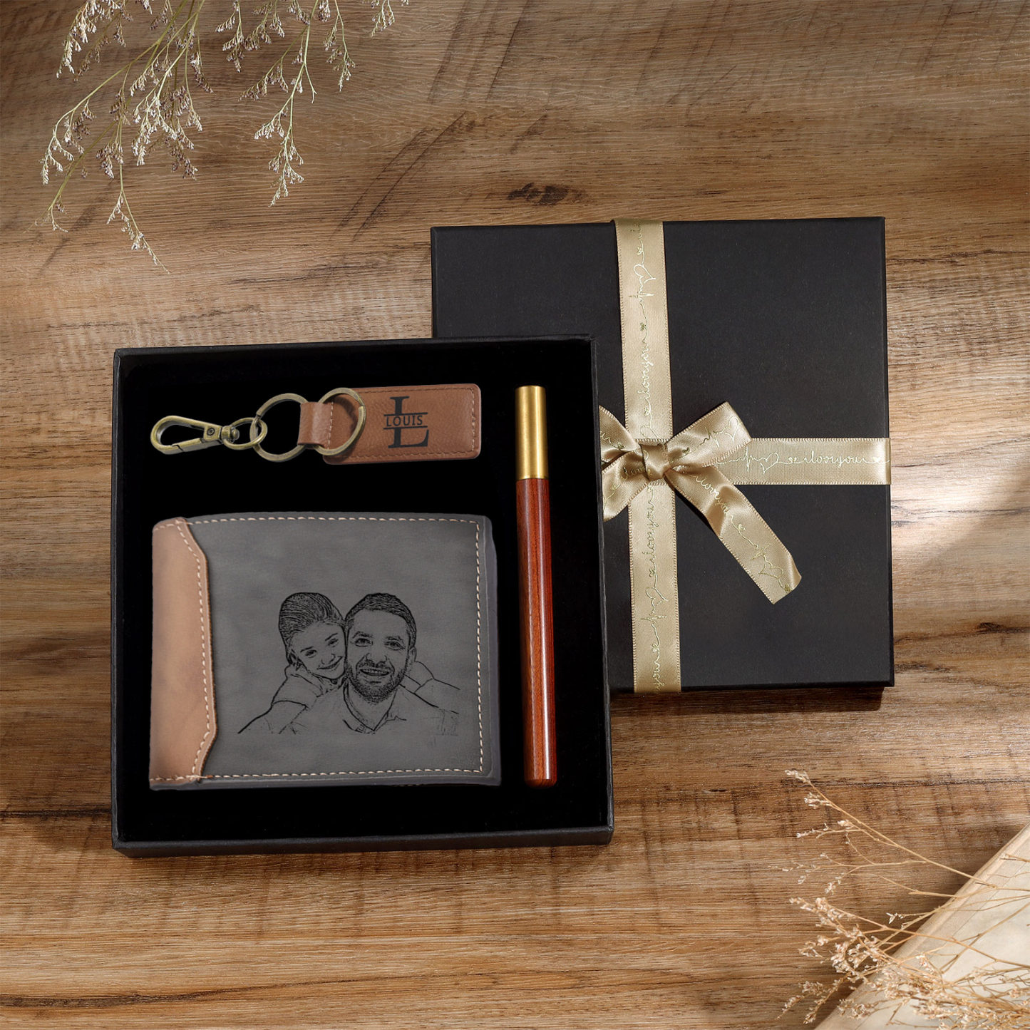 Coffret Cadeau 3PCS - Portefeuille classique Porte-Clés et Stylo 1 Prénom et Lettre Personnalisés avec 1 Photo Date et TexteCoffret Cadeau pour Homme