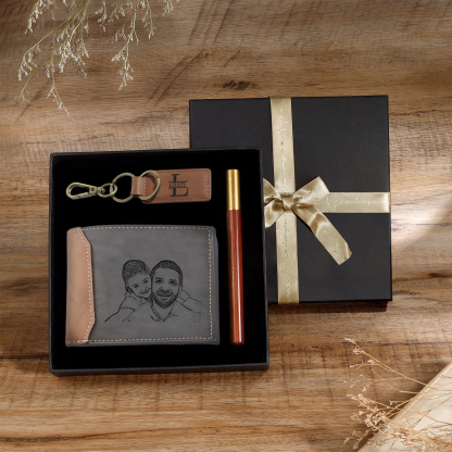 Coffret Cadeau 3PCS - Portefeuille classique Porte-Clés et Stylo 1 Prénom et Lettre Personnalisés avec 1 Photo Date et TexteCoffret Cadeau pour Homme