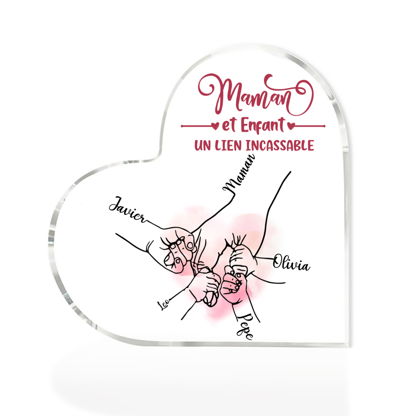 À ma Maman - Plaque Acrylique en Forme de Cœur la main dans la main 5 Prénoms Personnalisés