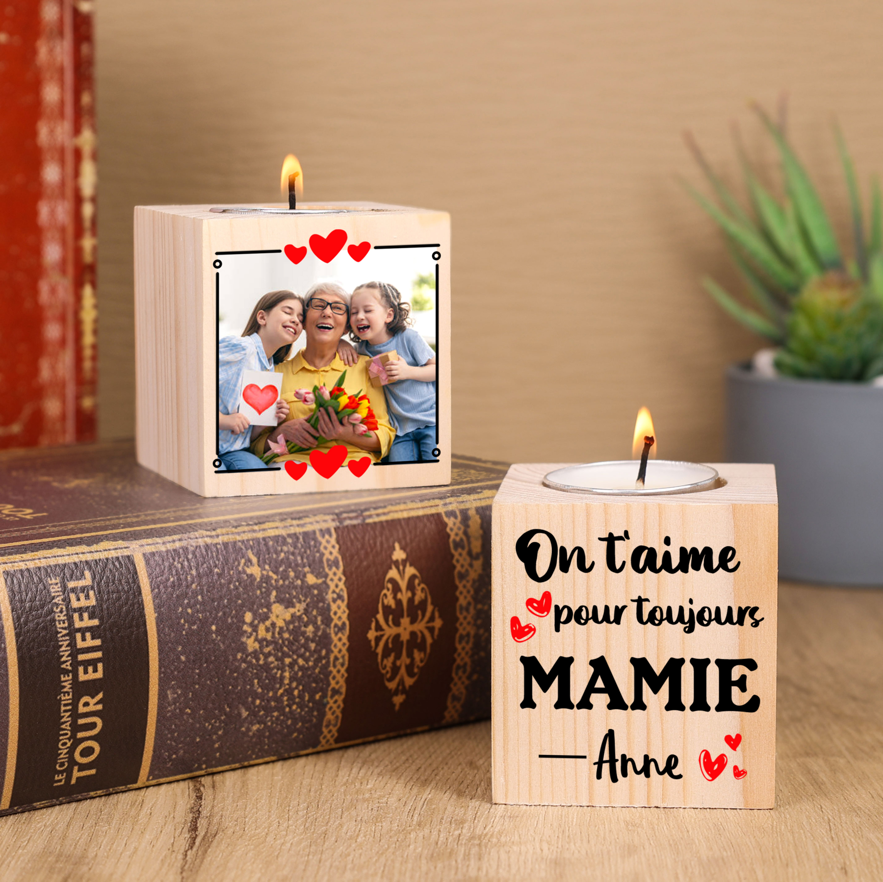 À Ma Mamie - Bougeoir en Bois 1 Prénom et Photo Personnalisés sans bougie