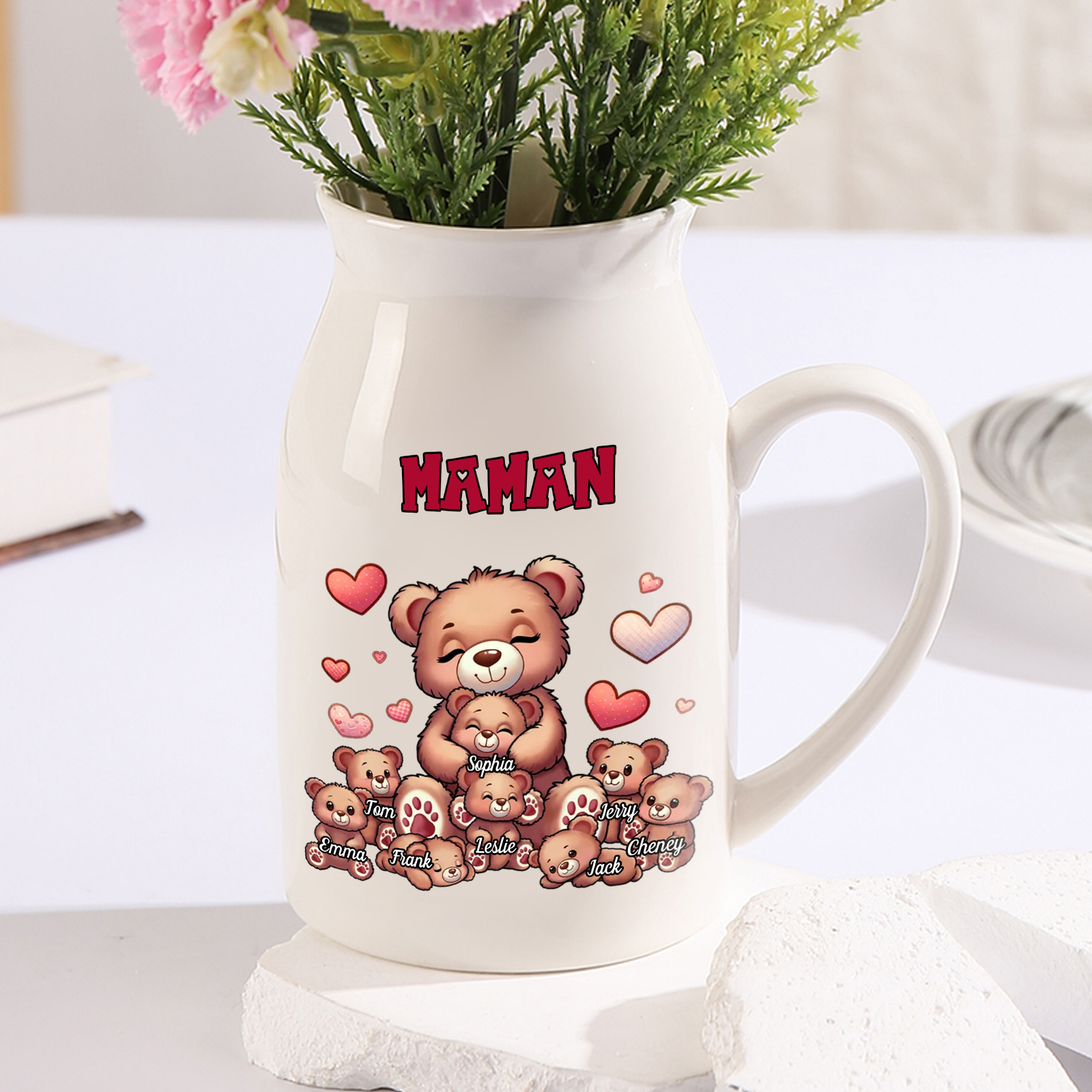 Vase à Fleurs Ours 8 Prénoms Personnalisés avec Texte Décoration de la Maison