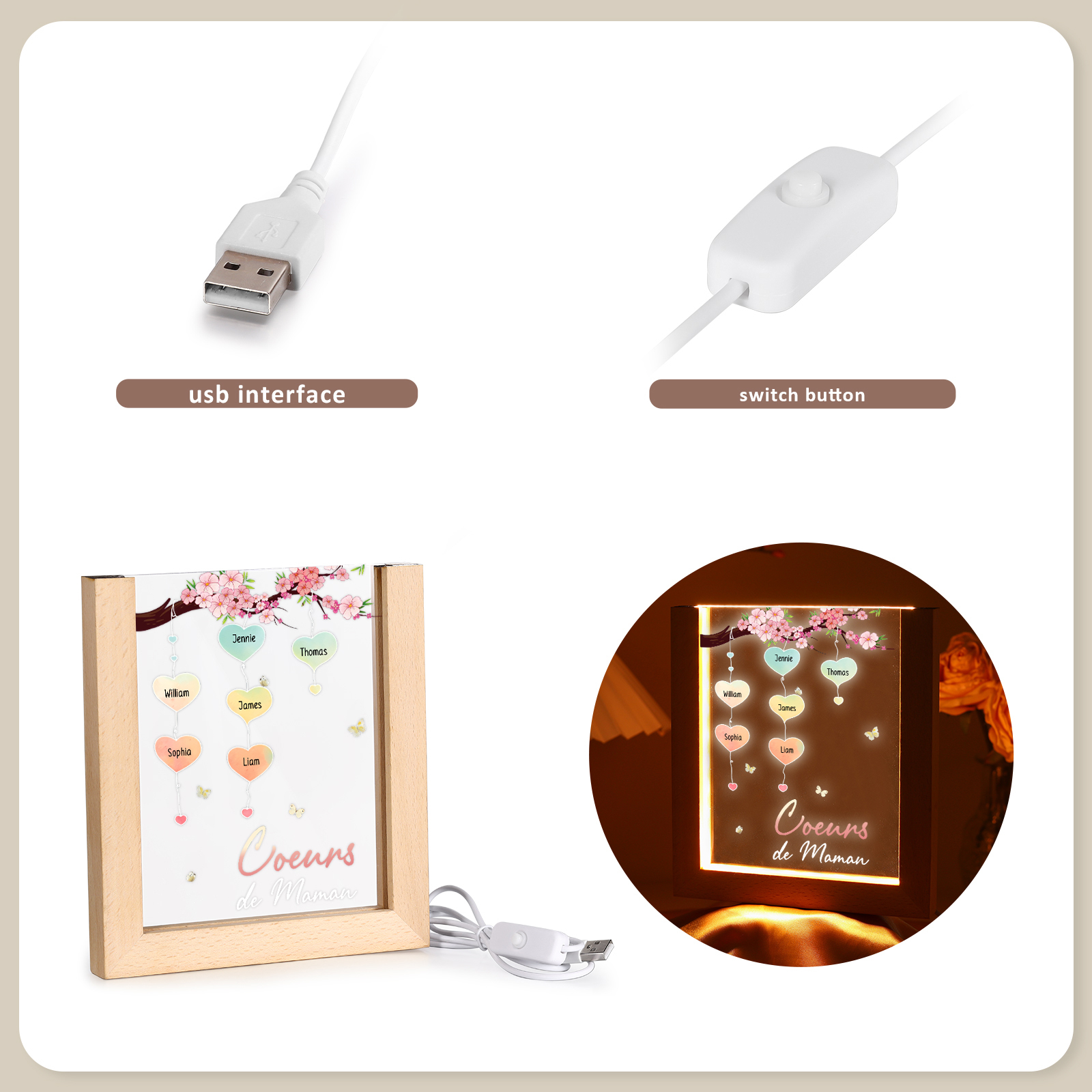 À Maman/Mamie - Lampe de chevet LED Arbre 6 Prénoms Personnalisés avec 1 Texte