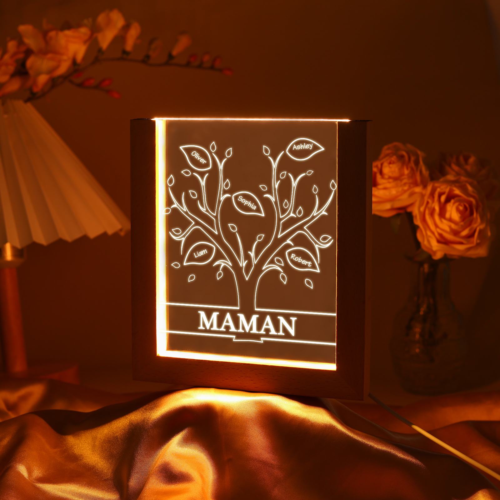 À Maman/Mamie - Lampe de chevet LED Arbre 5 Prénoms Personnalisés avec 1 Texte