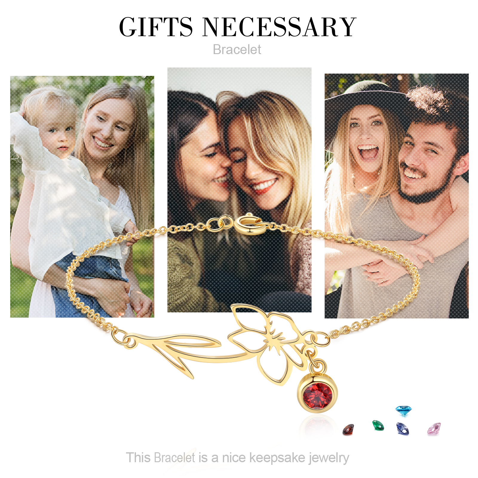 Bracelet Fleur de Naissance Personnalisé avec Pierre de Naissance pour Femme