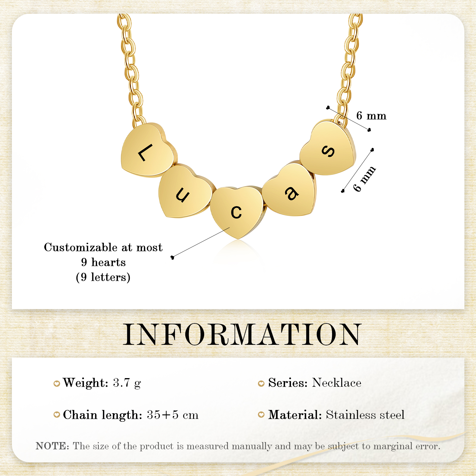 Collier Cœur pendentif 9 lettre Personnalisé