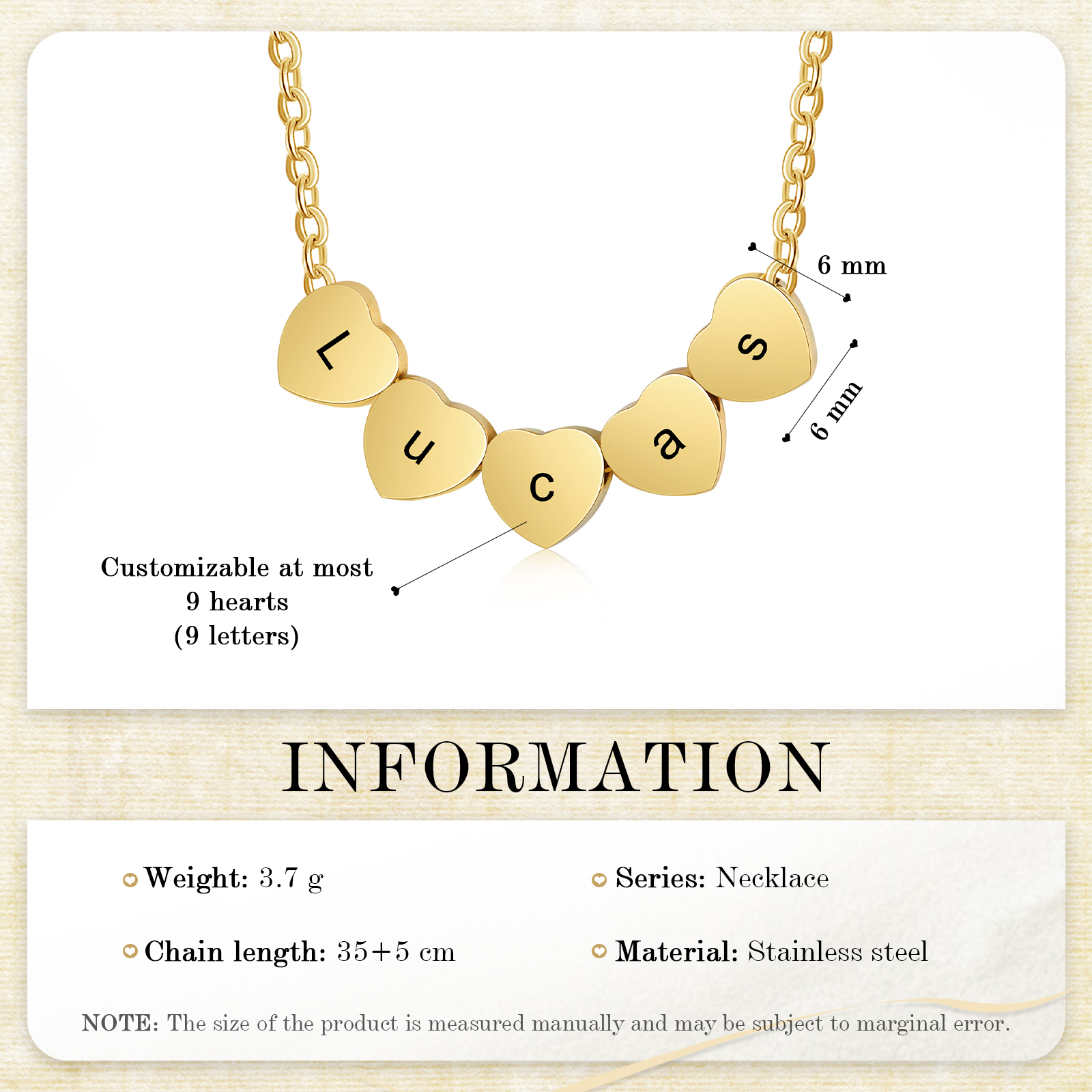 Collier Cœur pendentif 9 lettre Personnalisé