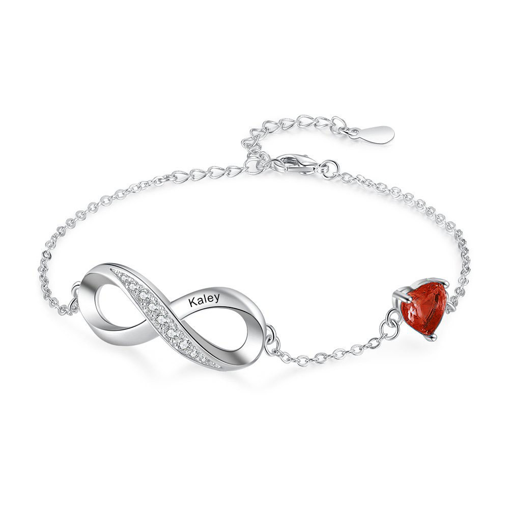 Bracelet infini à Breloque coeurs 1 Prénom Personnalisé avec 1 Pierre de Naissance