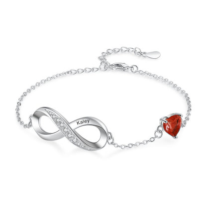 Bracelet infini à Breloque coeurs 1 Prénom Personnalisé avec 1 Pierre de Naissance