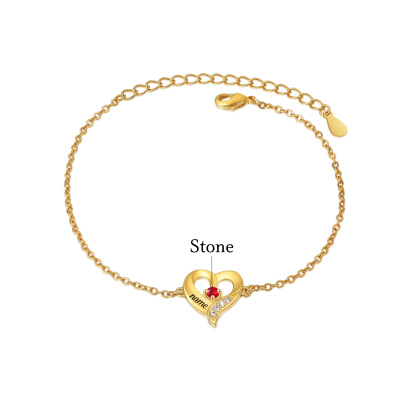 Bracelet Cœur 1-7 Préoms Personnalisés avec Pierres de Naissance pour Femme