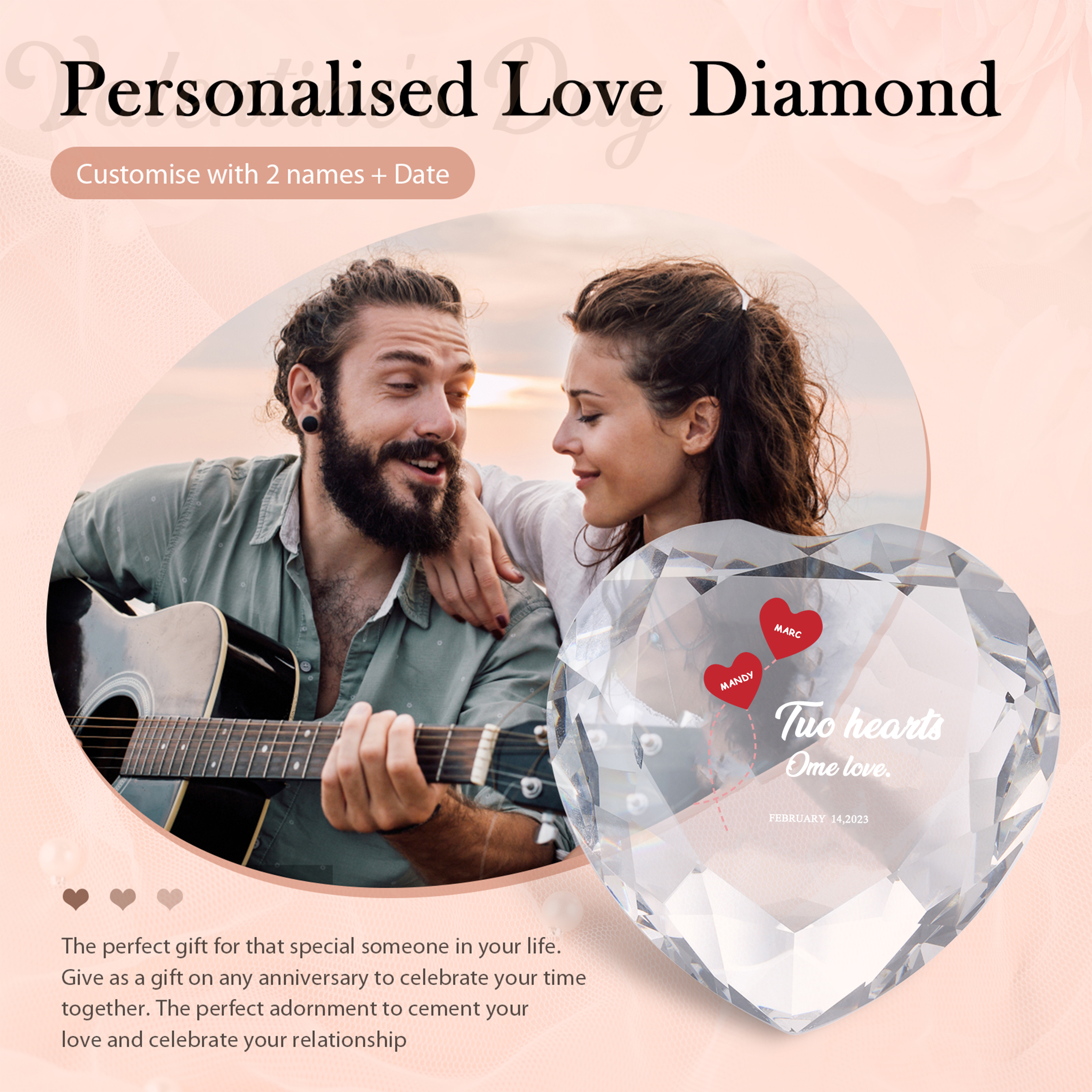 Décoration Cristal Cœur 2 Prénoms Personnalisés avec Texte et Date pour Couple