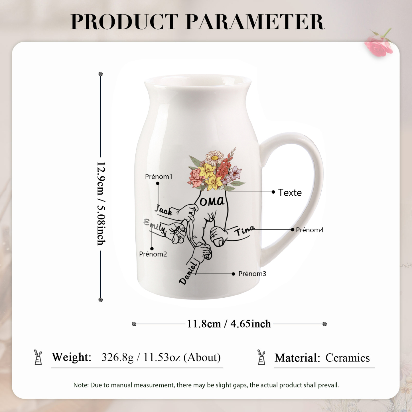 Vase à Fleurs la main dans la main 4 Prénoms Personnalisés avec Texte Décoration de la Maison
