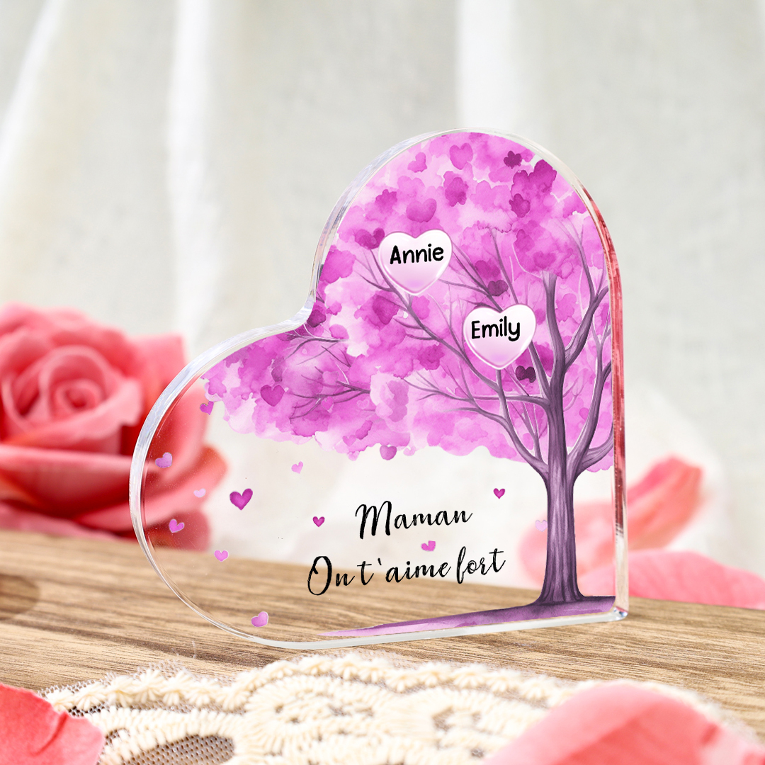 À ma Maman/Mamie - Plaque Acrylique Arbre en Forme de Cœur 2 Prénoms Personnalisés avec 1 Texte