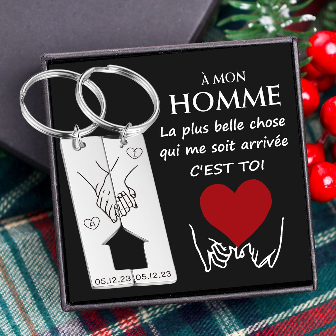 Jessemade FR À Mon Homme - Porte-Clés la main dans la main 2 Lettres et 2 Dates Personnalisées