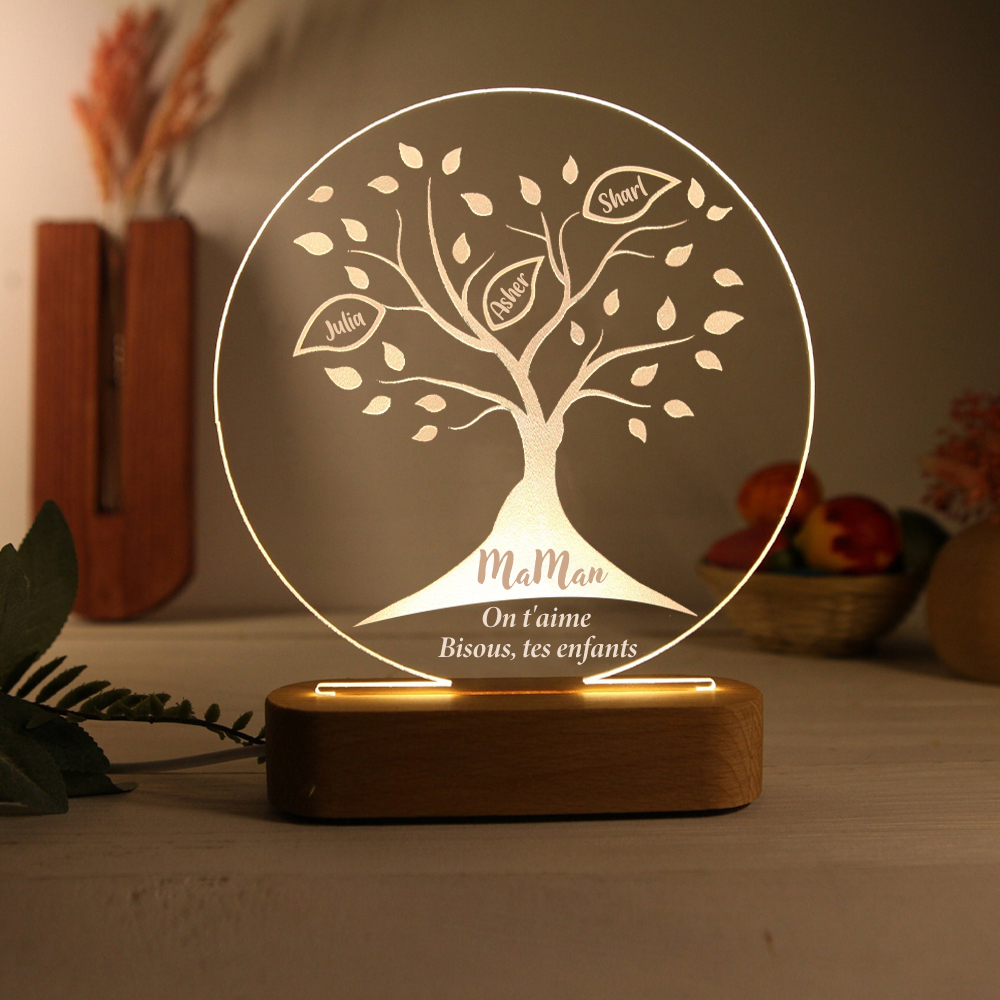 Lampe de chevet LED Arbre de vie Arbre généalogique 3 prénoms personnalisés avec 2 textes