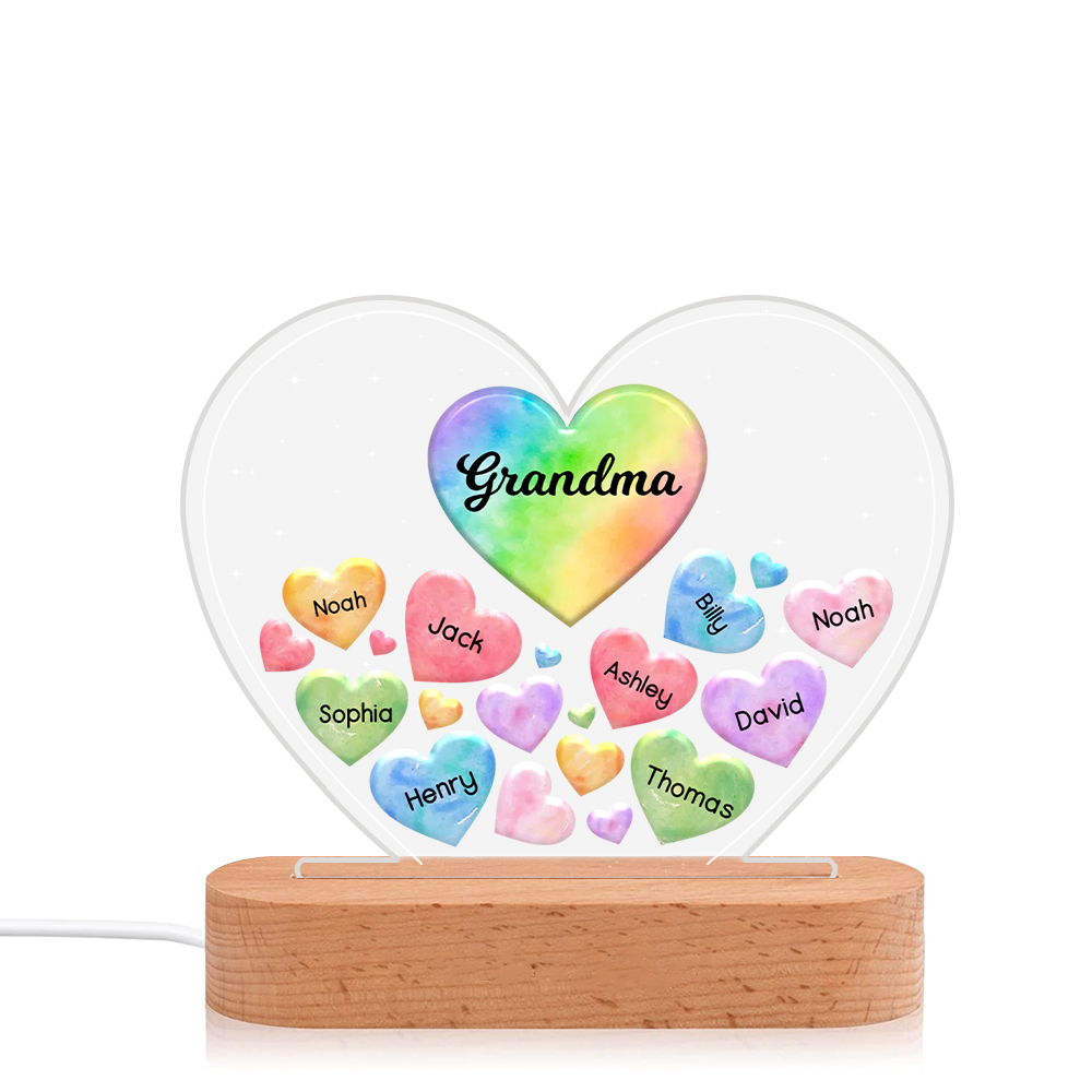 À Maman/Mamie - Lampe de chevet LED Cœurs 9 Prénoms Personnalisés avec 1 Texte