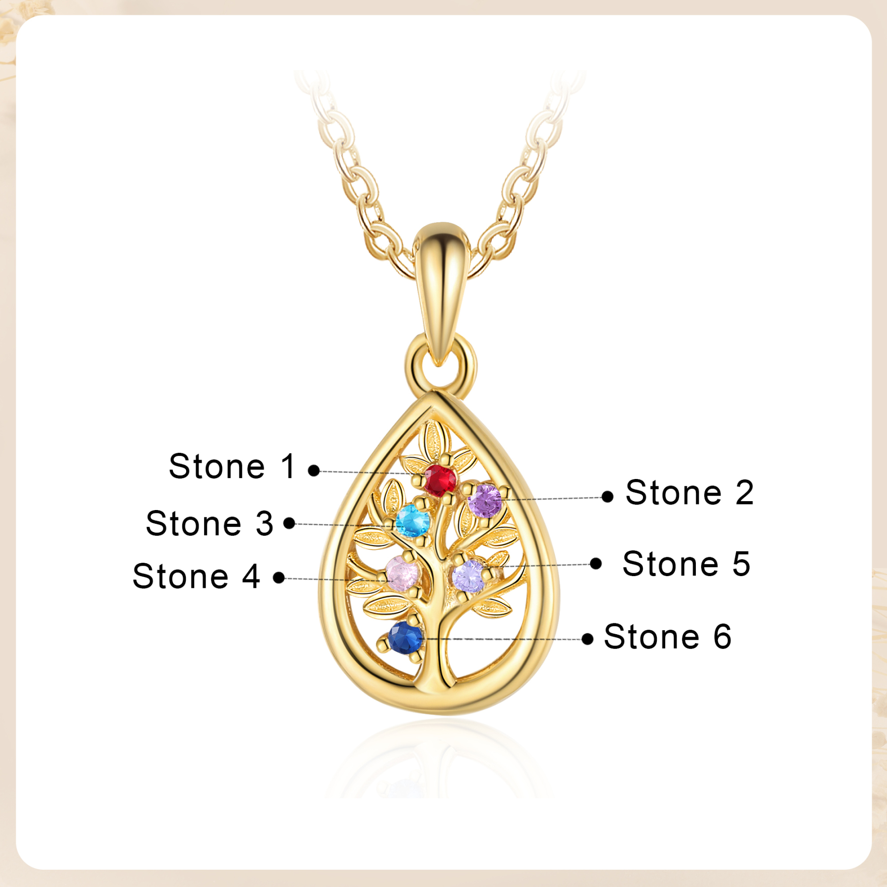 Collier Pendentif Arbre de vie 6 Pierres De Naissance Personnalisés Collier Arbre généalogique