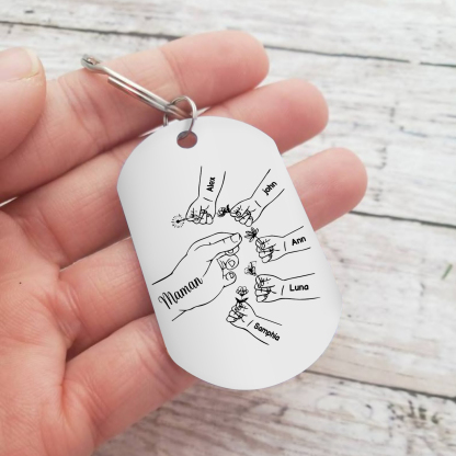 À ma Maman/Mamie - Porte-Clés 2-7 Prénoms Personnalisés Porte-Clés Mains et Fleurs