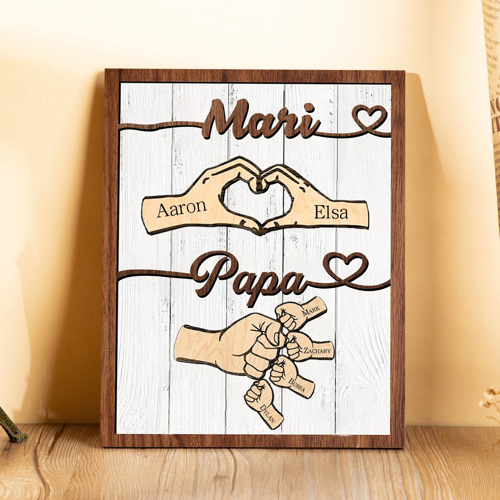 À mon Papa/Mari-Cadre en Bois Mains et Poings 6 Prénoms Personnalisés