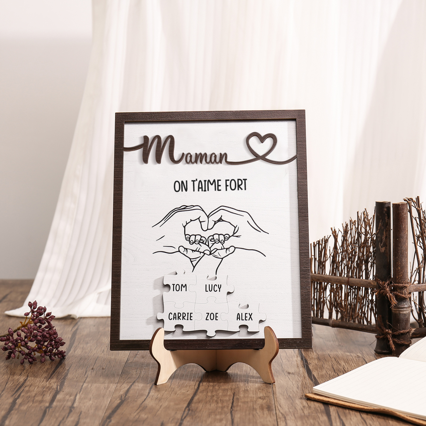 À Maman - Décoration en bois Mains et Puzzles 5 Prénoms et 1 Texte Personnalisés Ornement Famille