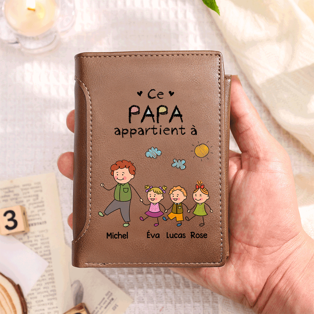 Portefeuille en cuir Personnalisé pour Papa ou Grand-père avec 1 à 8 Prénoms et Enfants