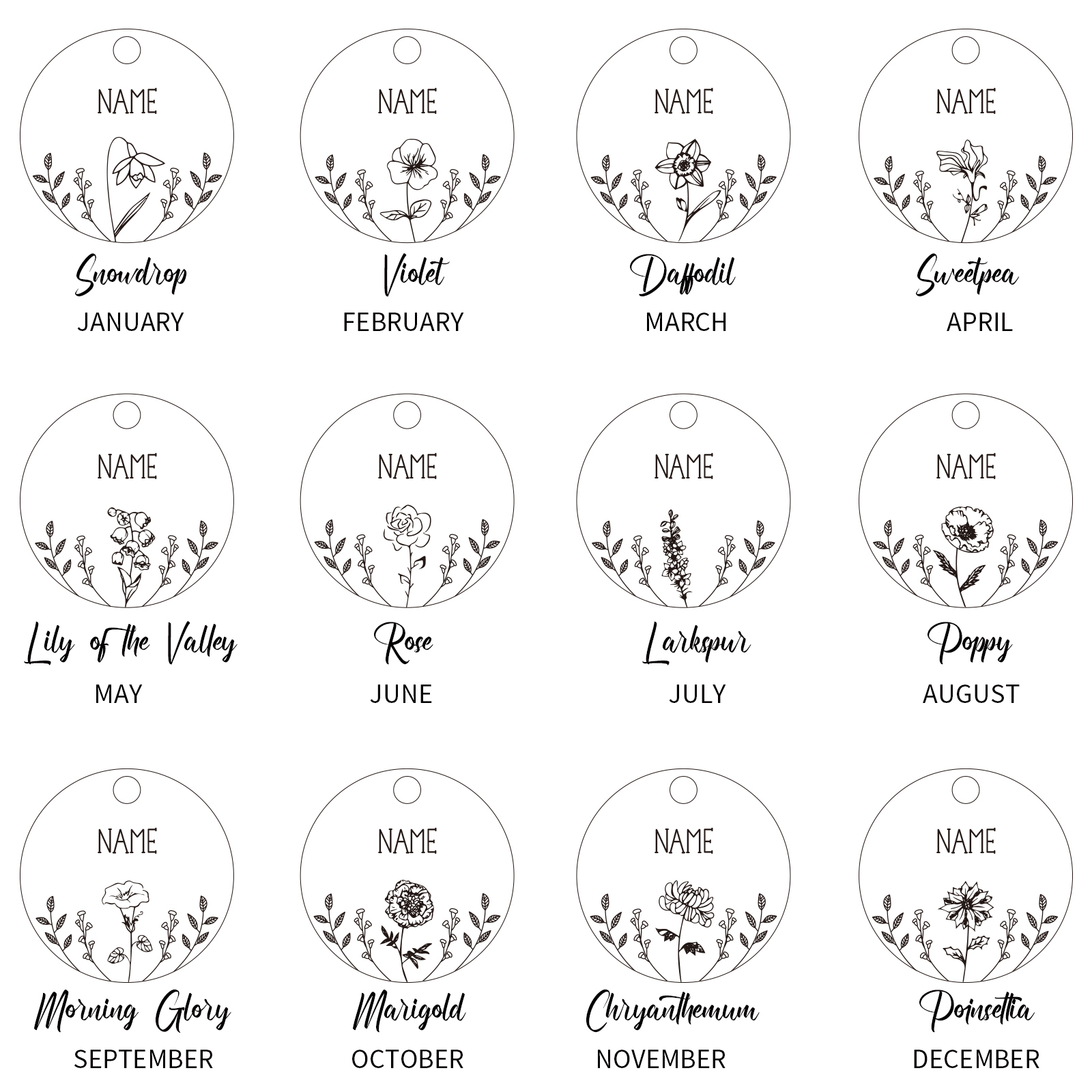 Porte-Clés patte 4 Prénoms et 1 Texte Personnalisés avec Fleur de Naissance