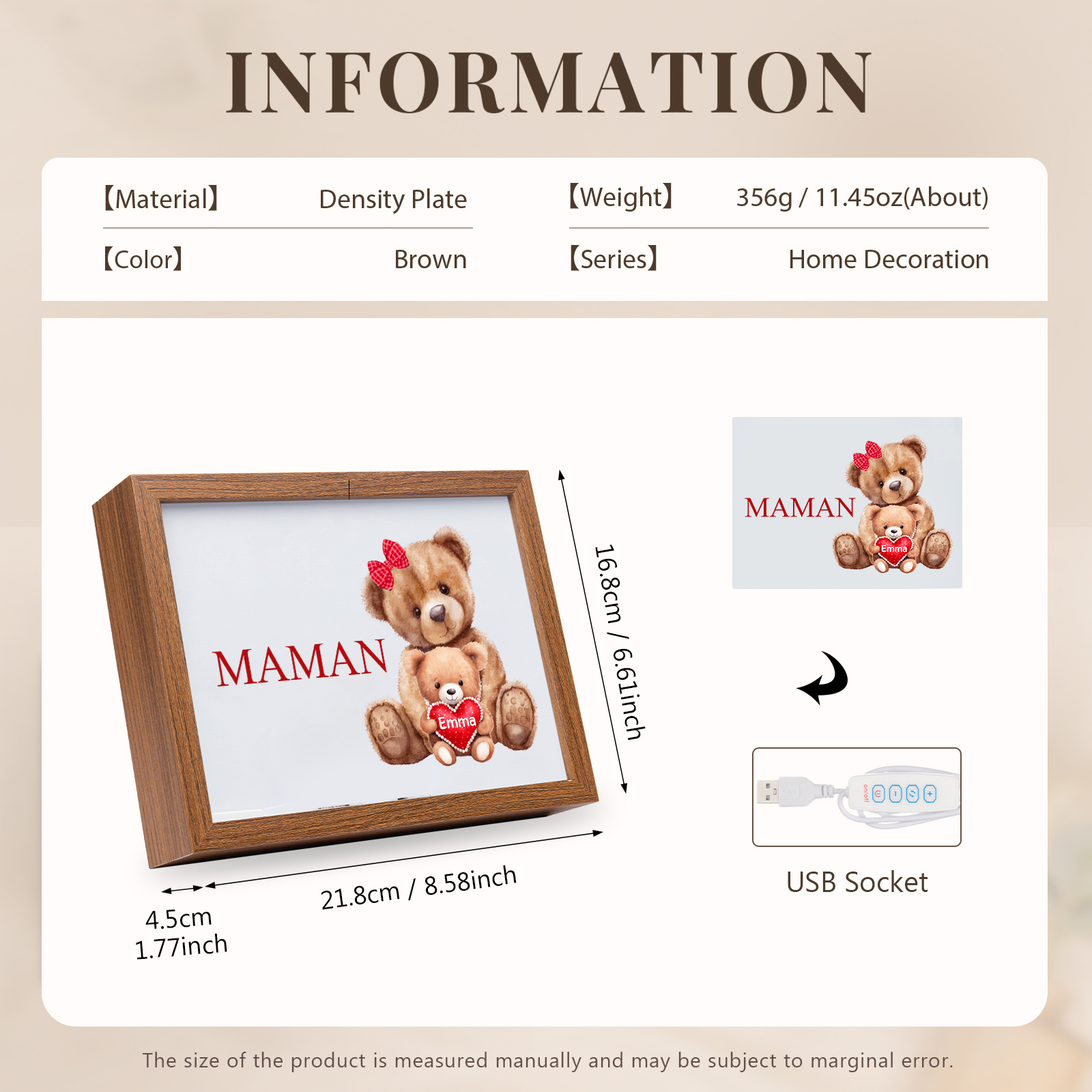 Cadre Photo LED Ours 1 Prénom Personnalisé avec 1 Texte Décoration Famille