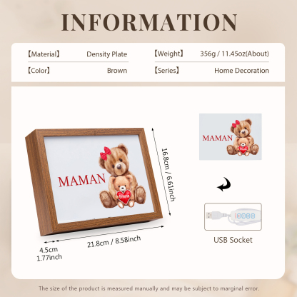 Cadre Photo LED Ours 1 Prénom Personnalisé avec 1 Texte Décoration Famille