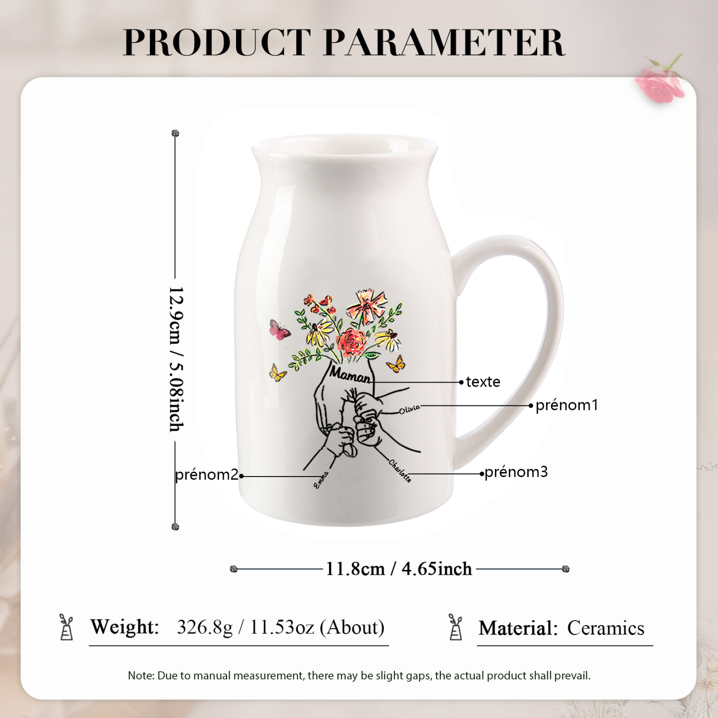 Vase à Fleurs la Main dans la Main 3 Prénoms Personnalisés avec Texte Décoration de la Maison