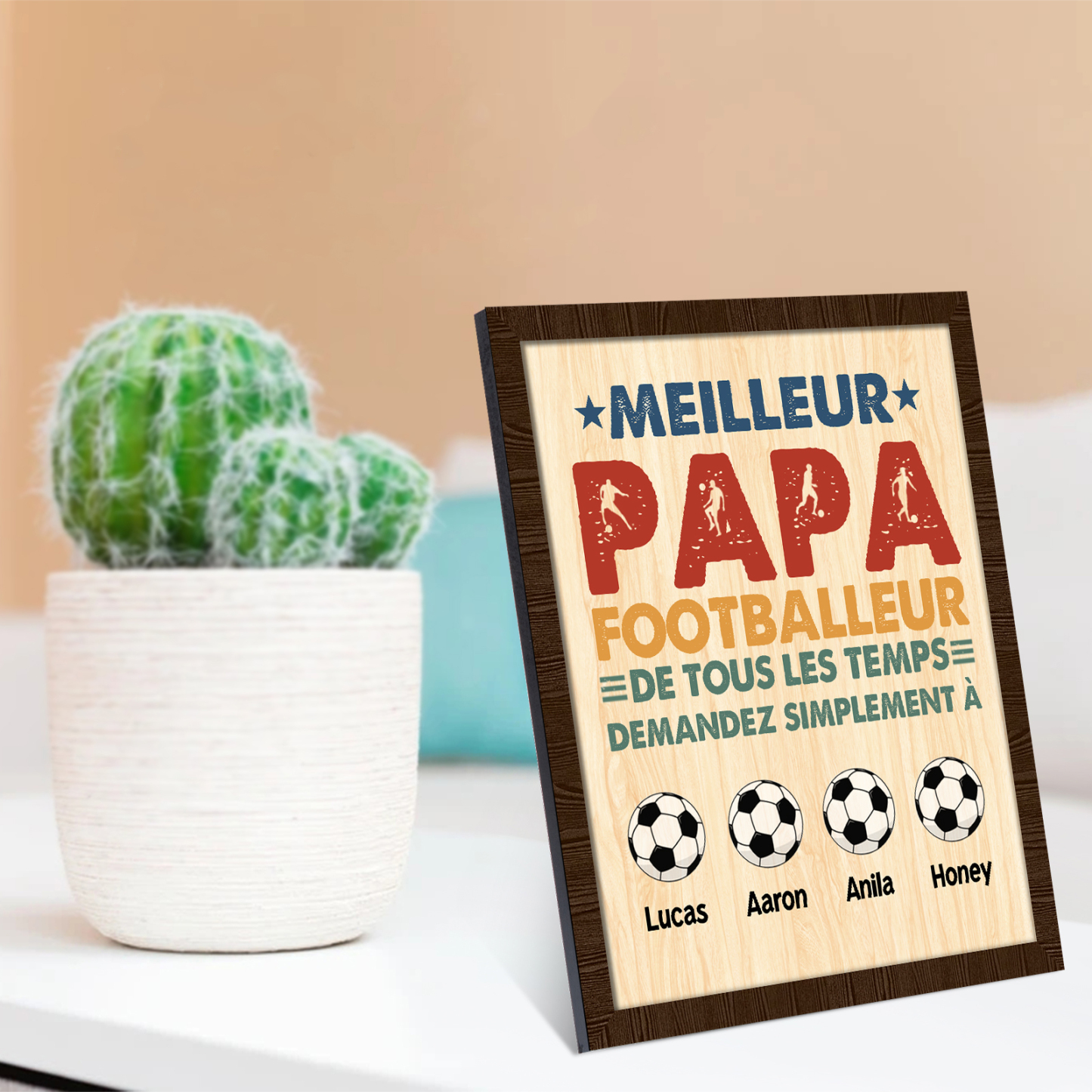 À Mon Papa-Cadre en Bois Football 4 Prénoms Personnalisés