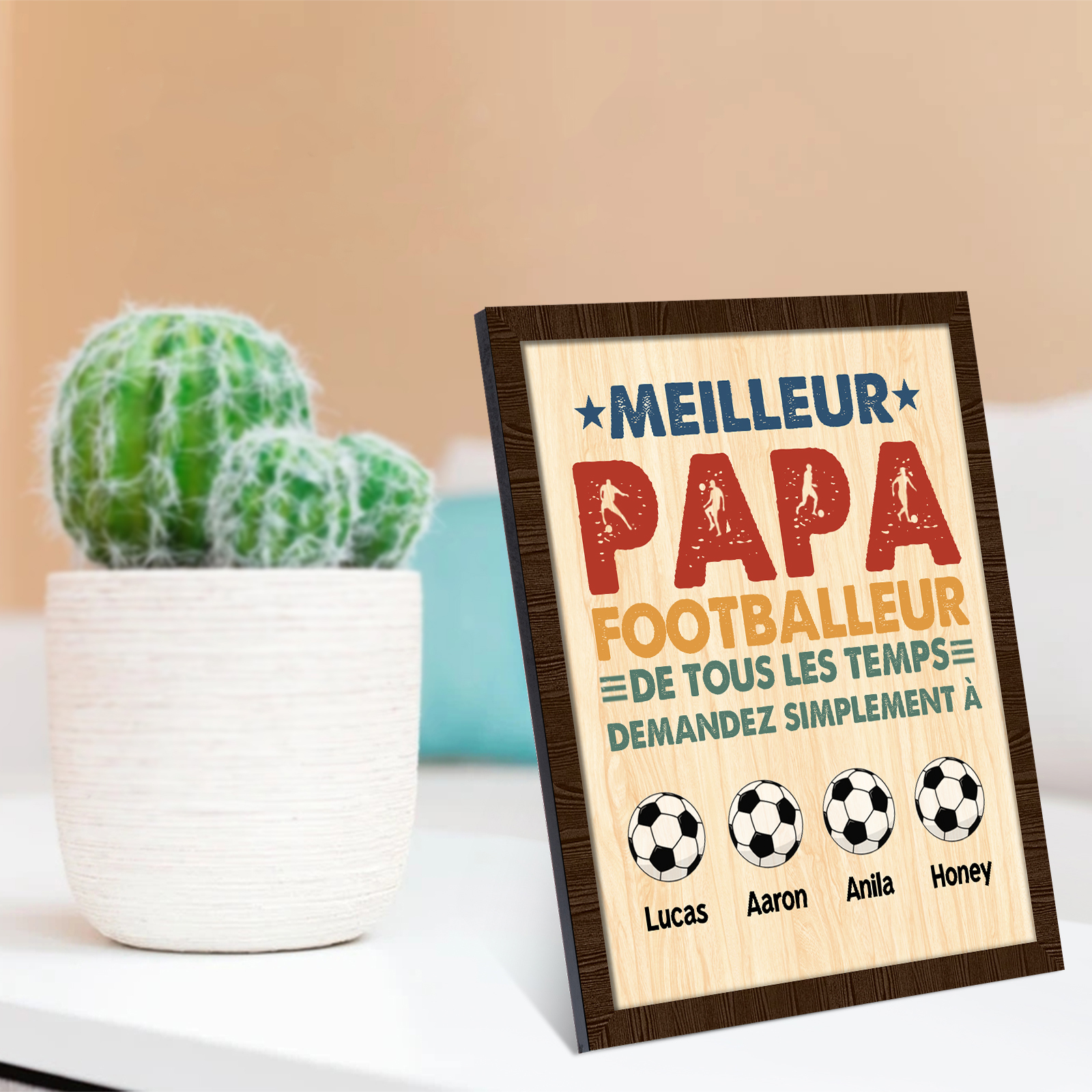 À Mon Papa-Cadre en Bois Football 4 Prénoms Personnalisés