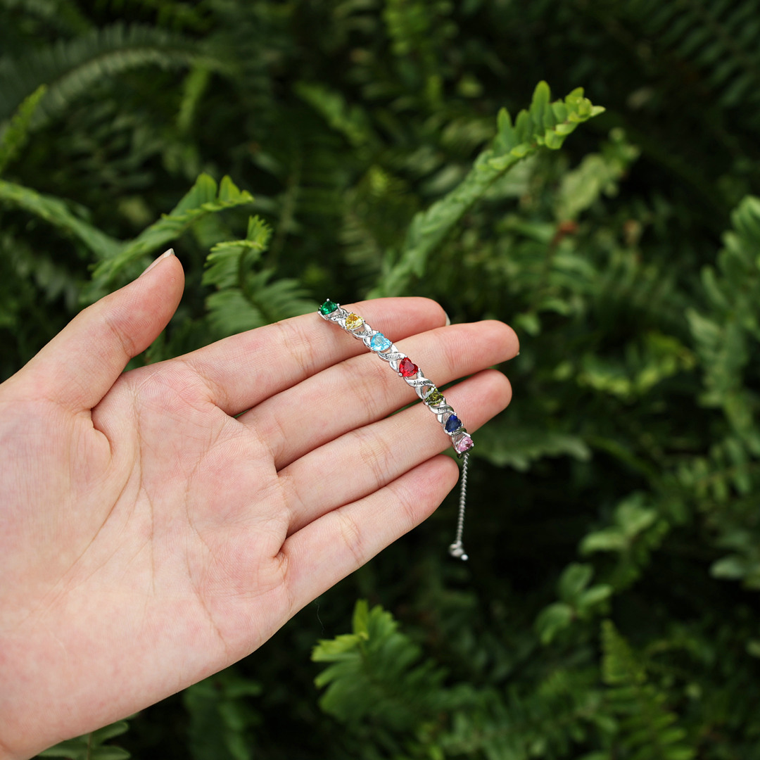 Bracelet à Breloque 7 Prénoms Personnalisé avec 7 Pierres de Naissance