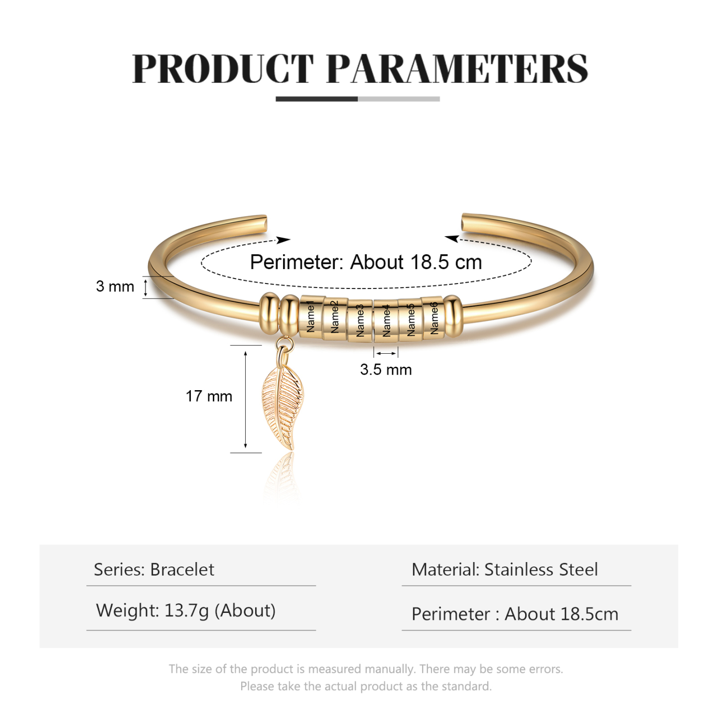 Bracelet jonc breloque feuille 6 prénom personnalisé